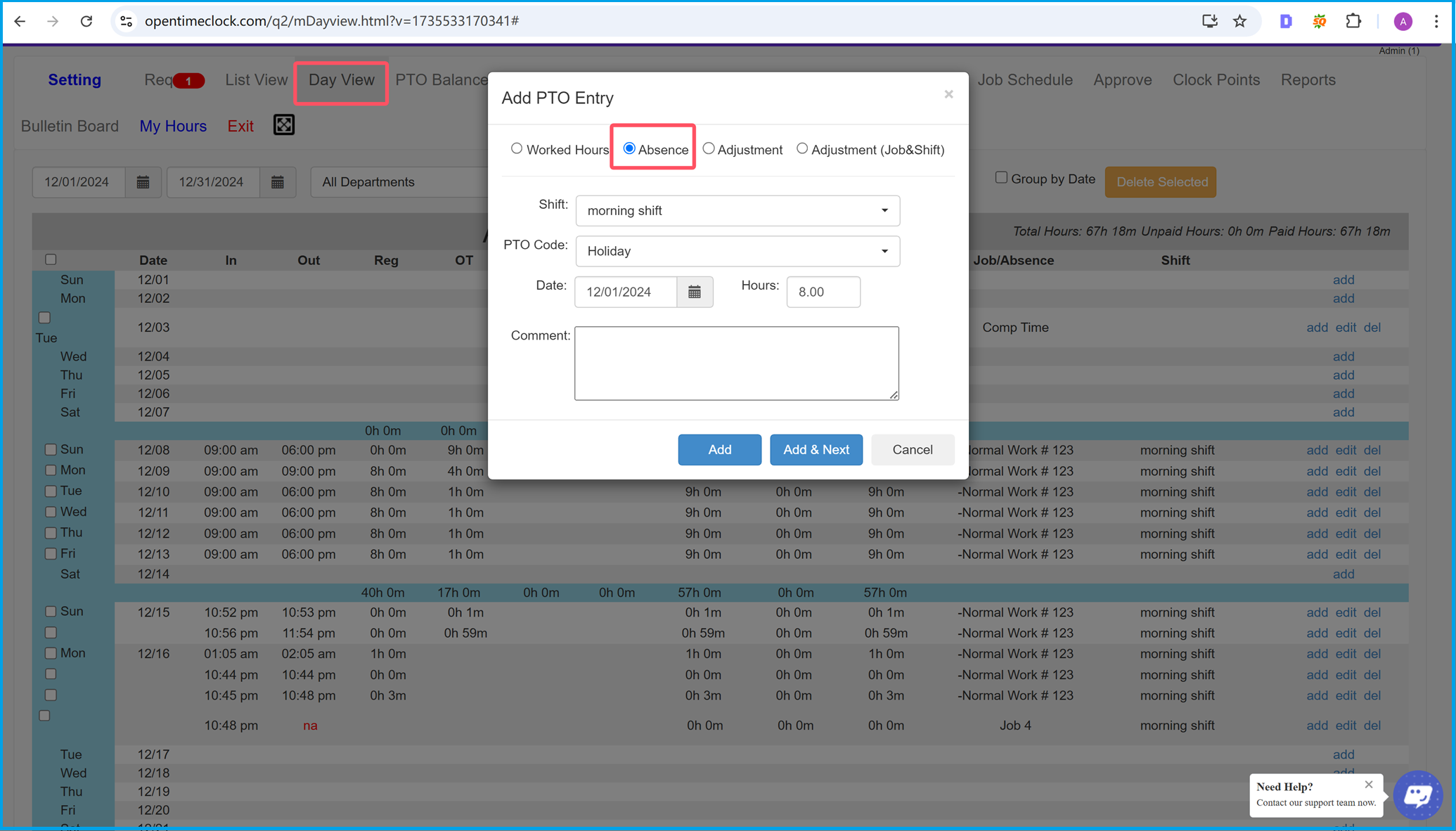 Admins and managers can add employees absence hours directly in time clock software