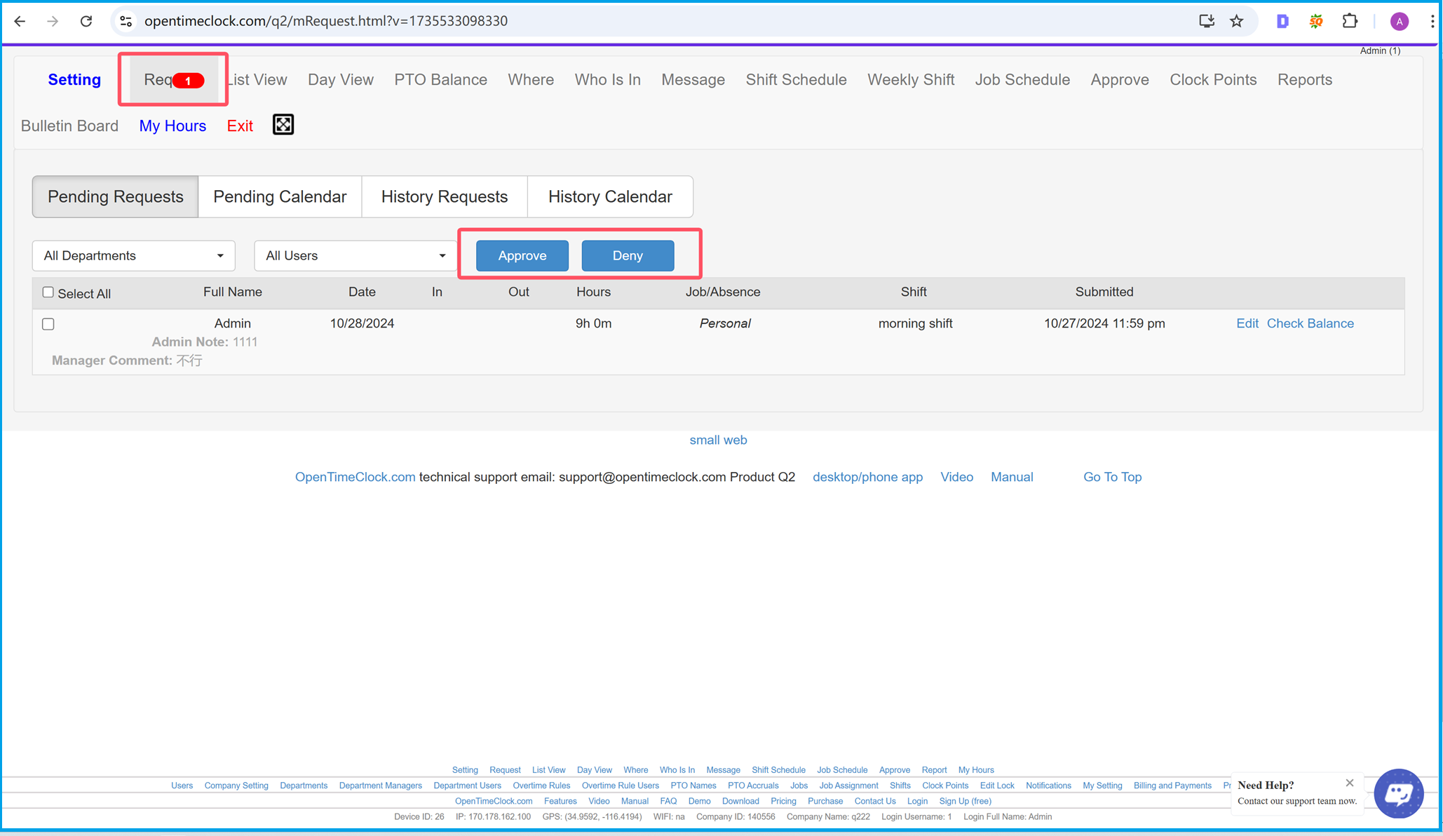 Admins and managers approve employees requests to their absence hours in time clock software