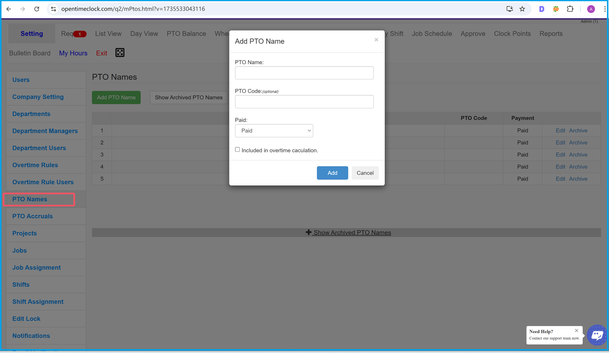 Add Paid Time Off Types or Names in Time Clock Software