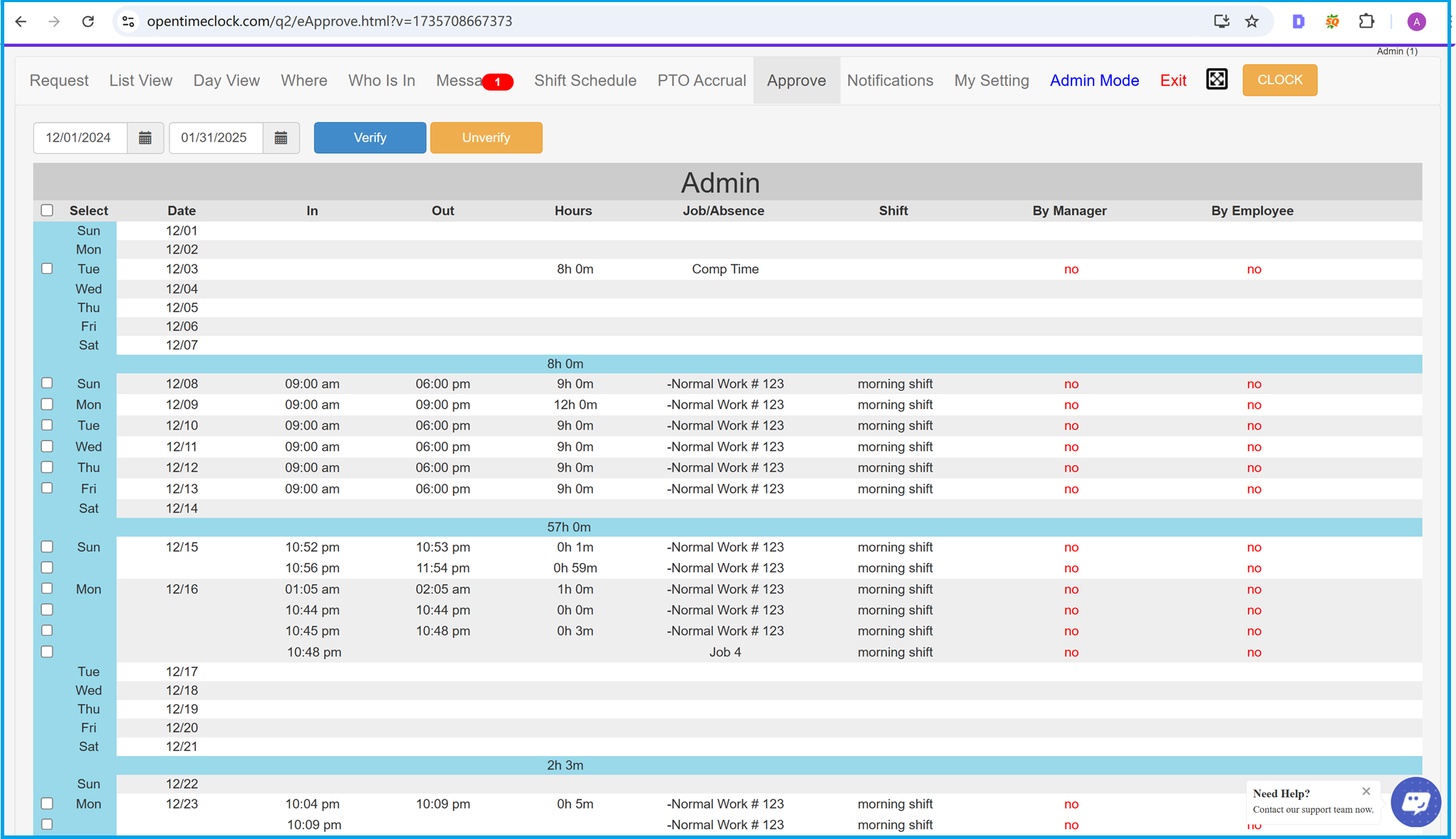 Employees approve their own time hours records in time clock software