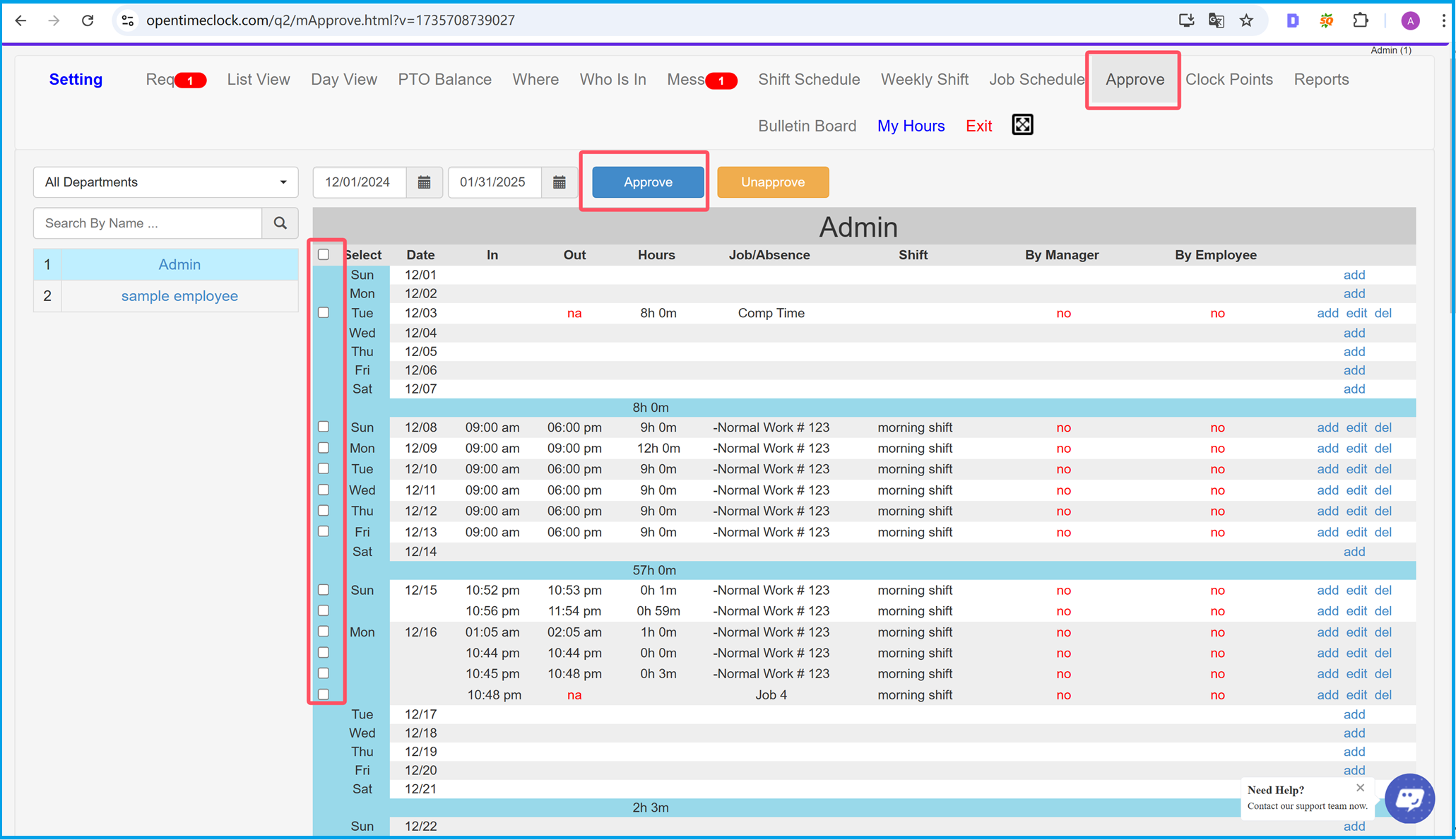 Admins and managers approve employees's time hours records in time clock software