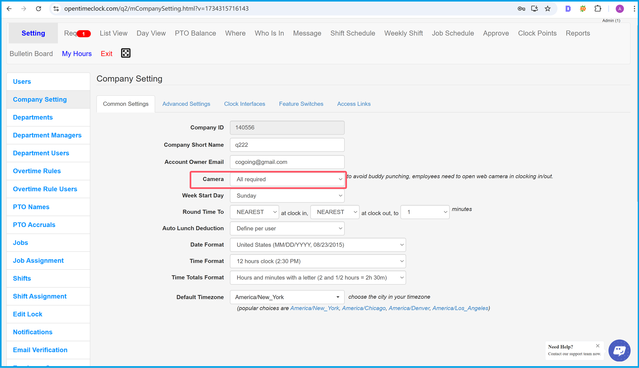 Company settings for enabling photo capture during clock-in and clock-out to prevent buddy punching and ensure accurate attendance tracking.