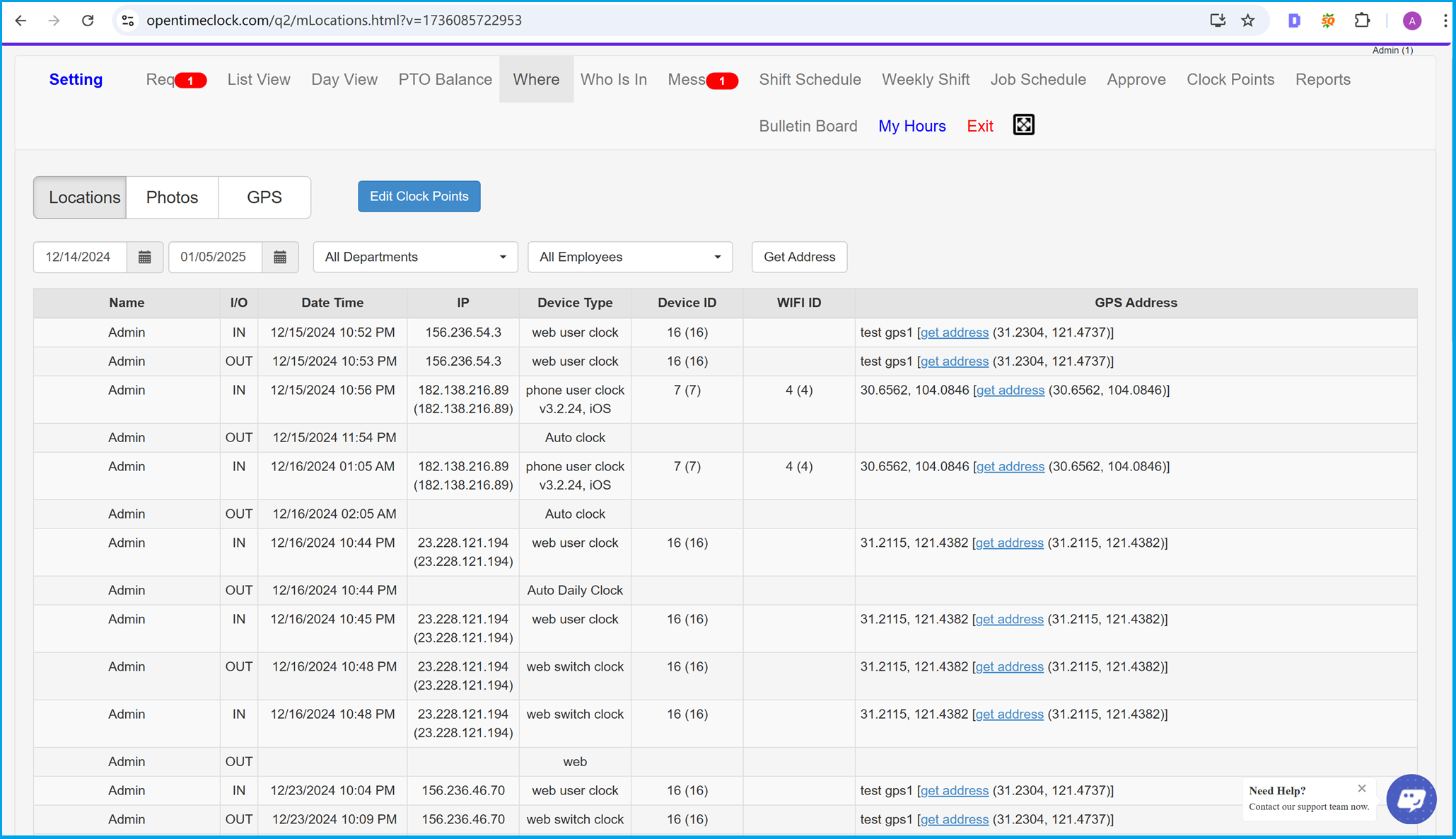 Employee clock in locations: device id, ip address, wifi id, GPS geo-location