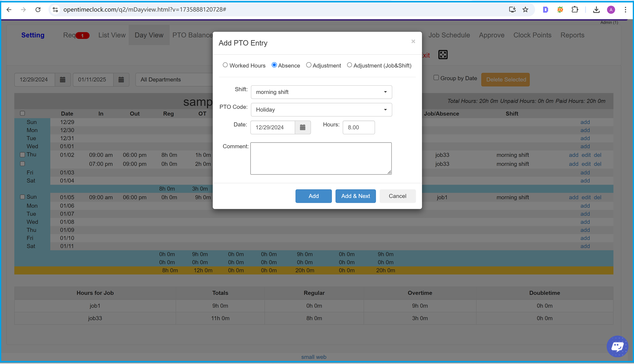 Add PTO entry for accurate absence and time-off tracking