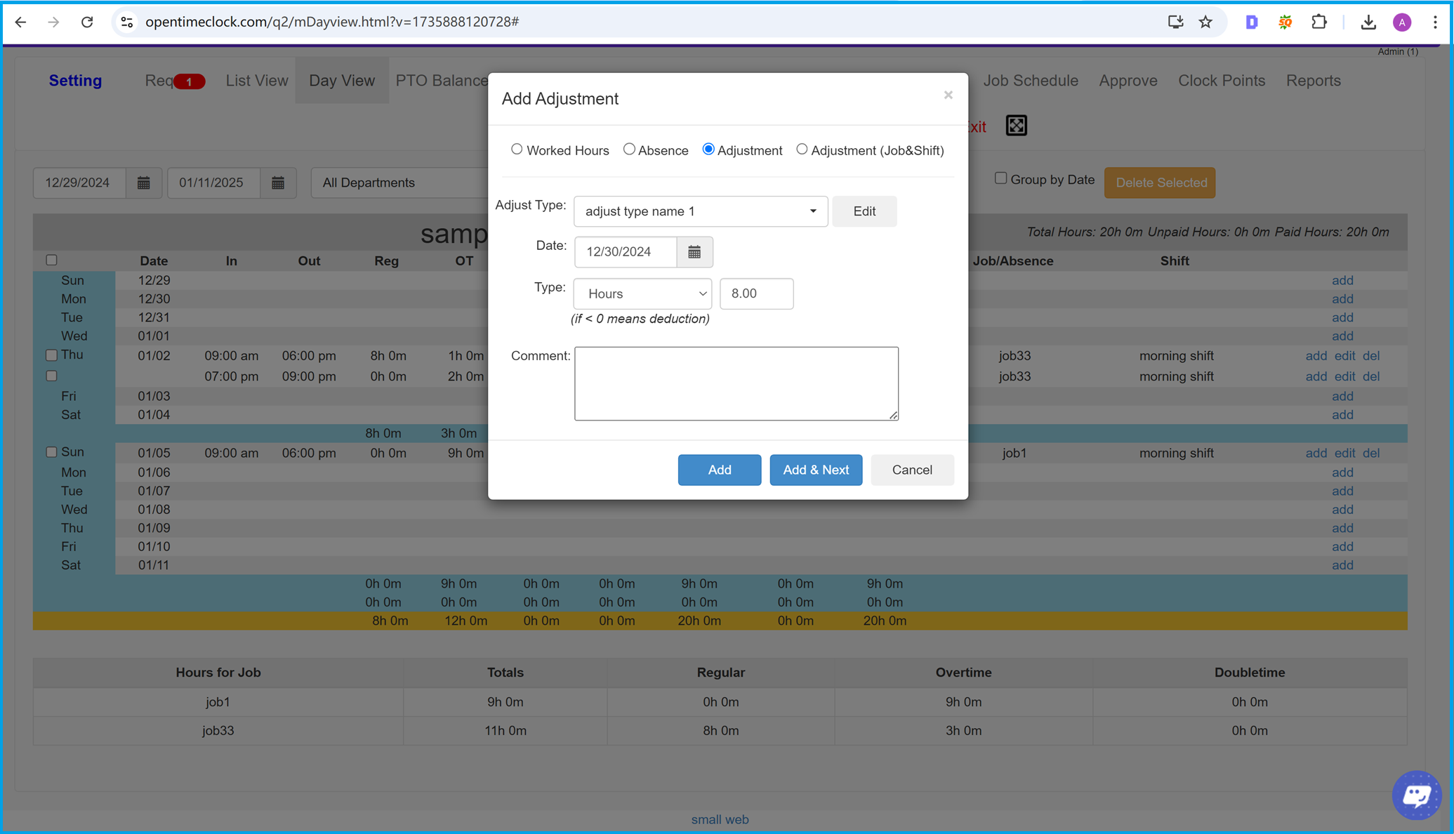 Add adjustment entry for detailed time and attendance modifications