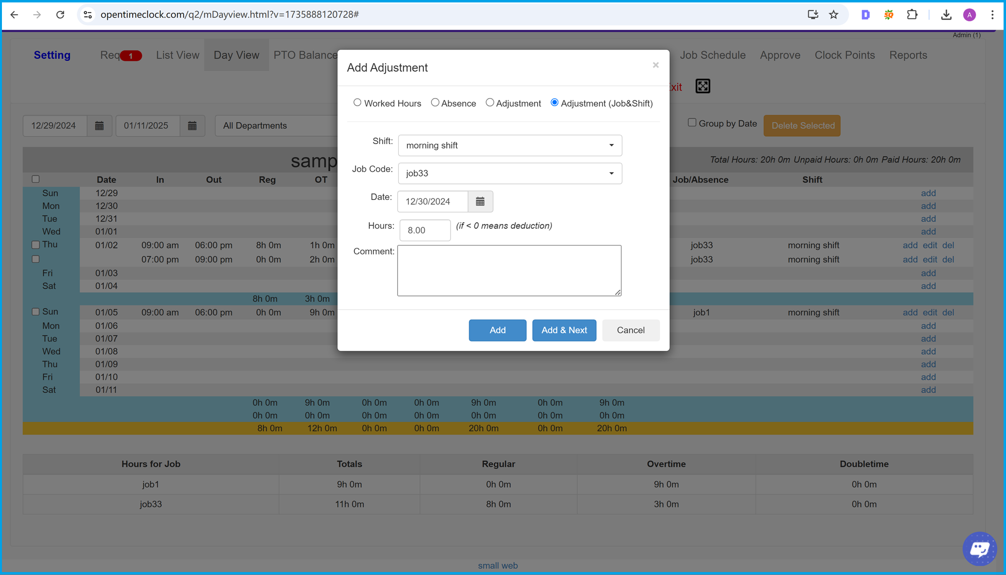 Add job and shift adjustment entry for detailed time management