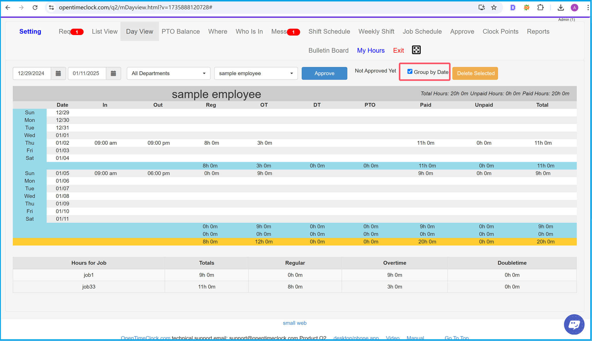 Grouped time entries by date for accurate time tracking and attendance management