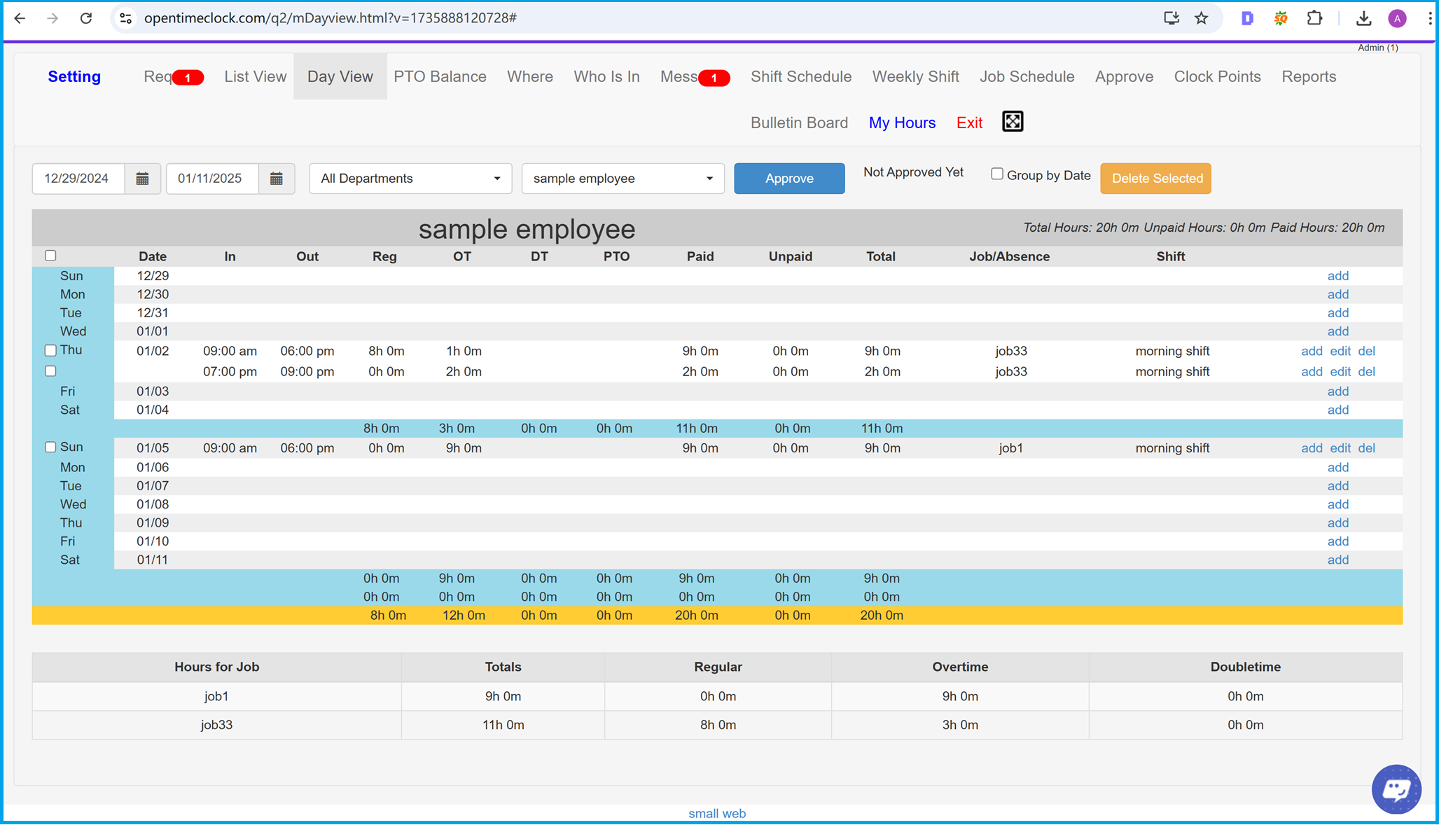 Daily view of time entries with detailed breakdown of work hours and shifts