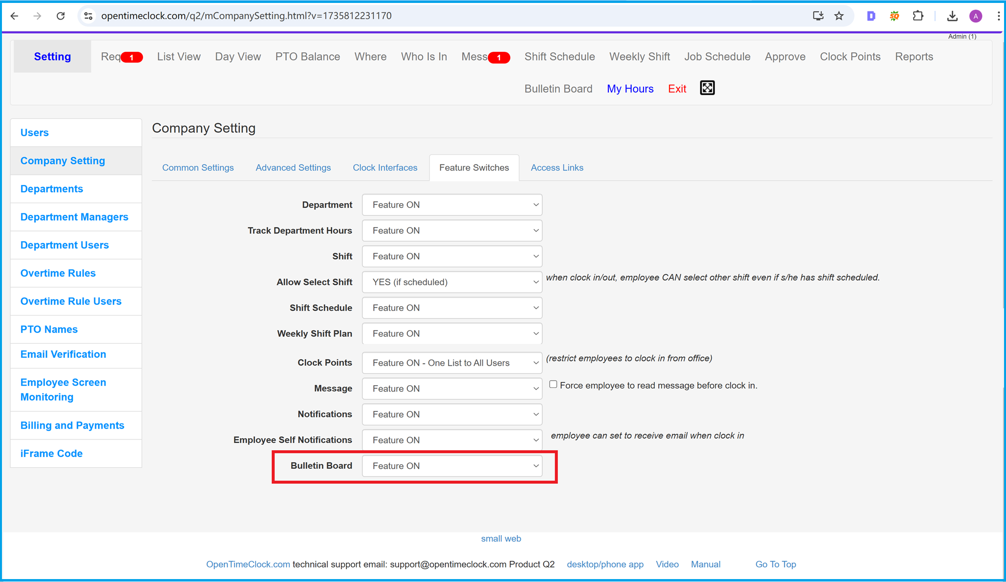 Enable Employee Bulletin Board in Time Clock Software Company Setting page