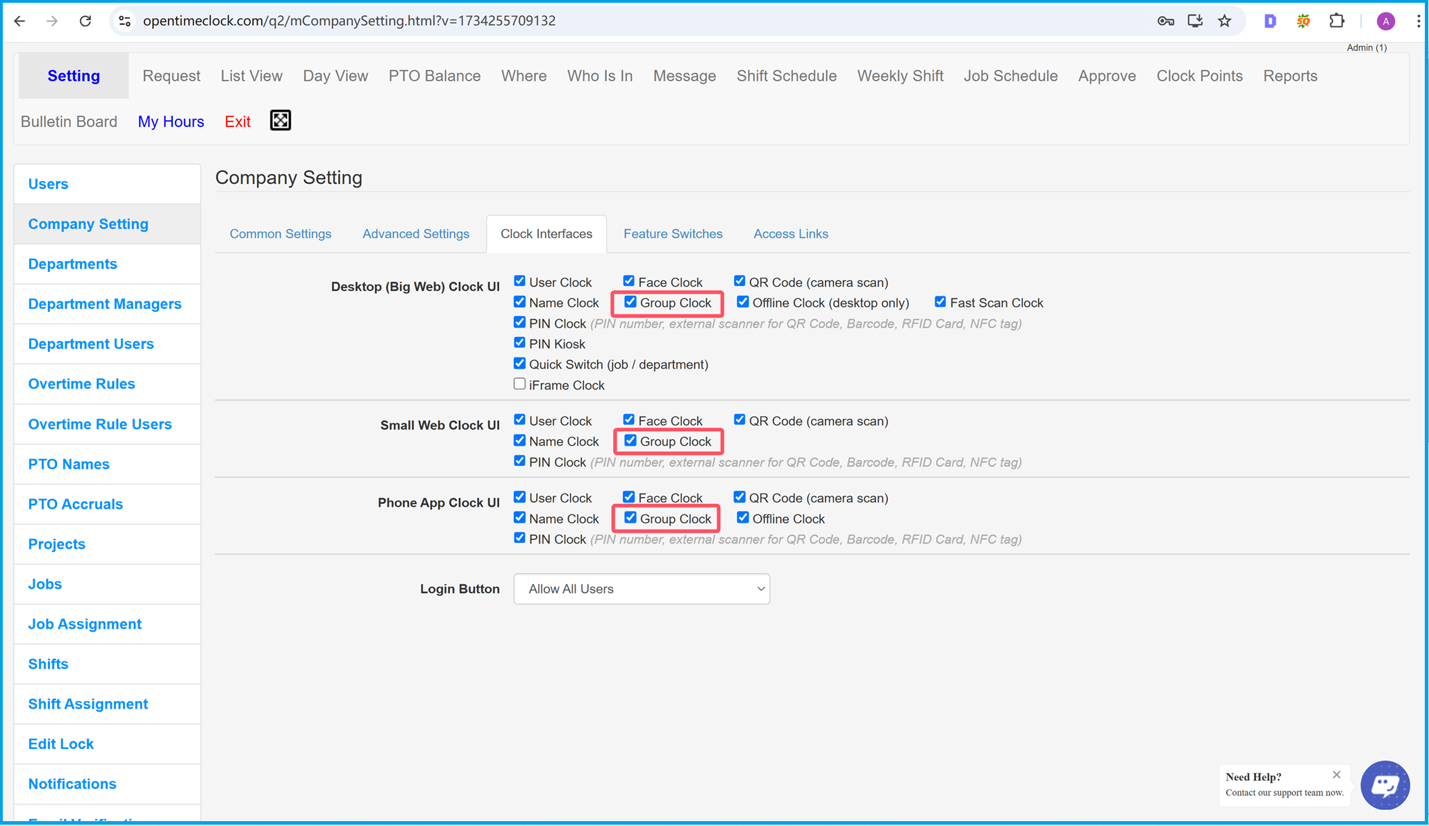 Enable Group Clock feature in the company settings for time tracking, group clock-in/out, and workforce management