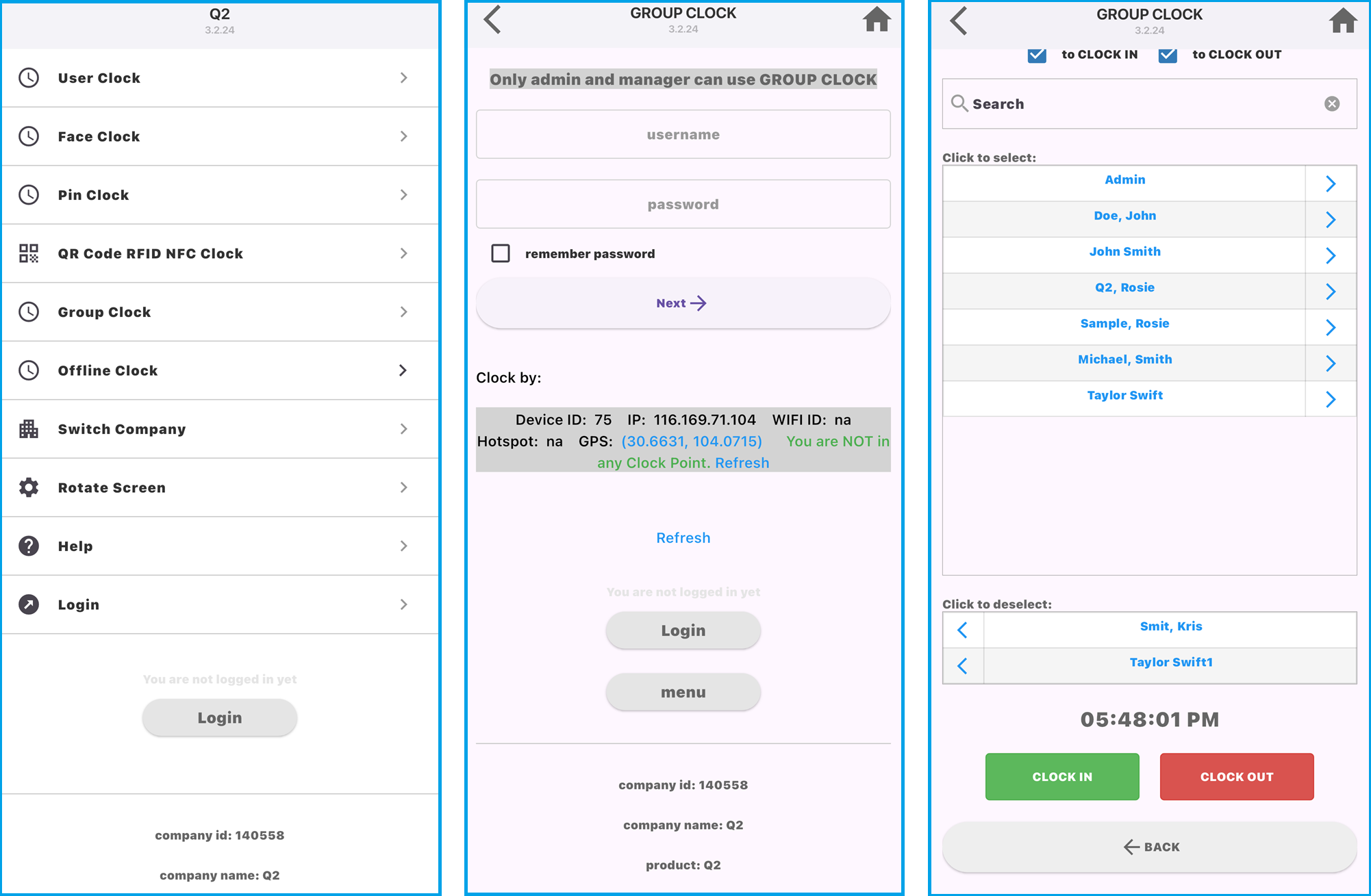 Group Clock time tracking on smartphone or tablet for clocking in or out a group of employees from Android or iOS