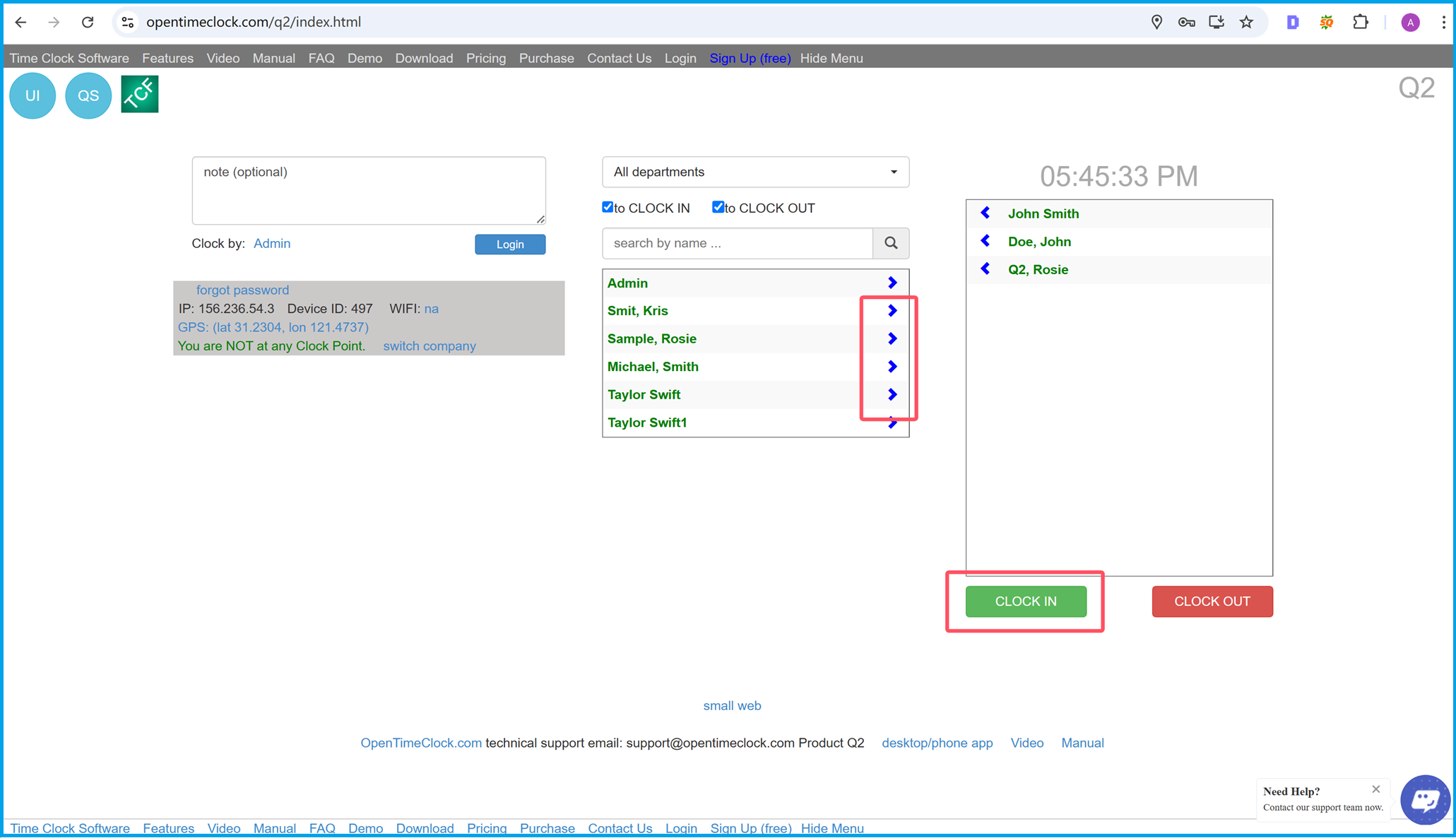 Select employees to clock in or clock out together with Group Clock time tracking feature