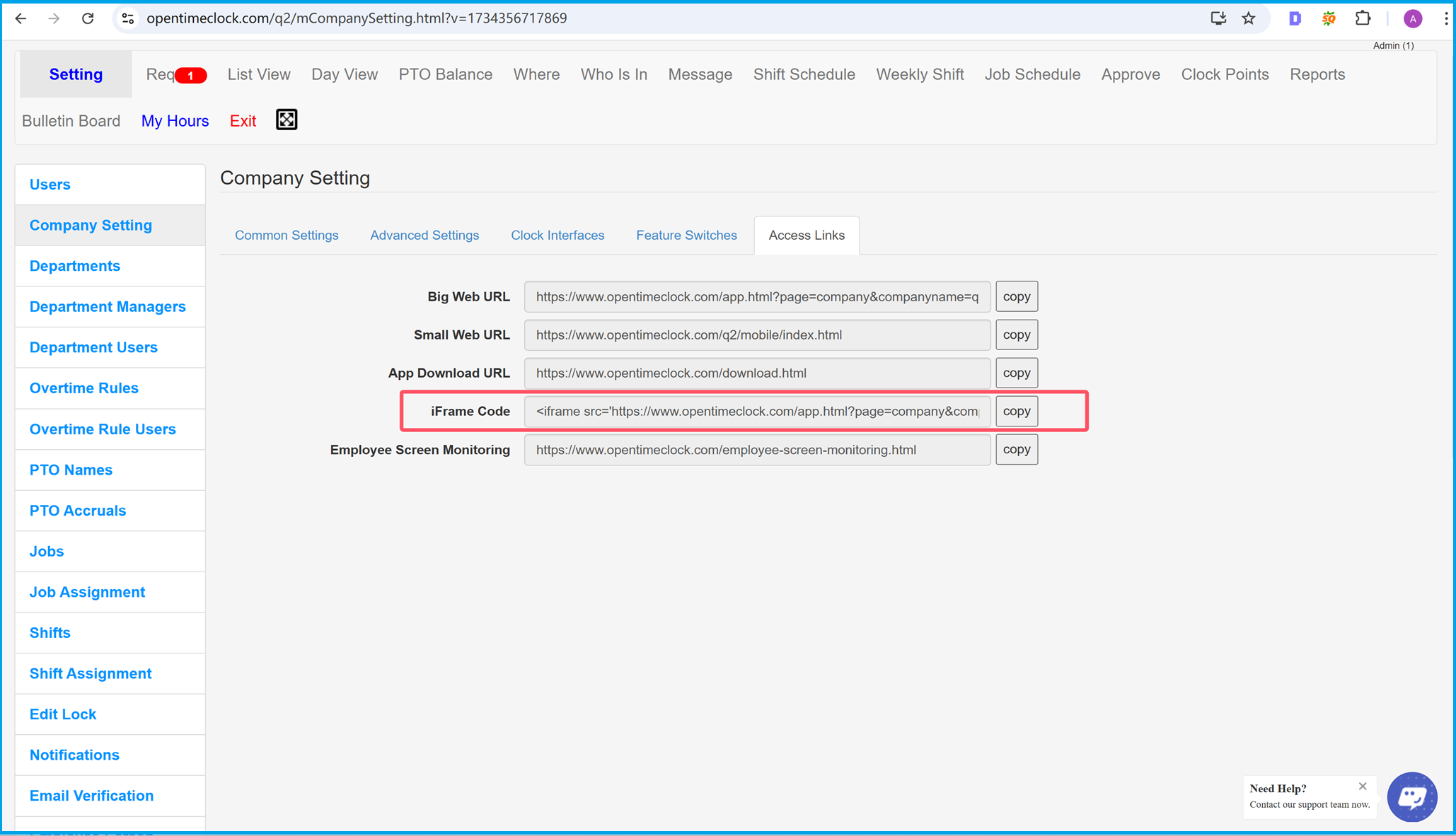 Company settings page showing the iFrame Code field for embedding the time tracking app into a website