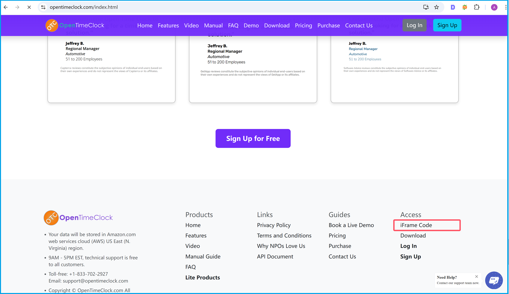 Website footer showing the iFrame Code link under the Access section for embedding the time tracking app