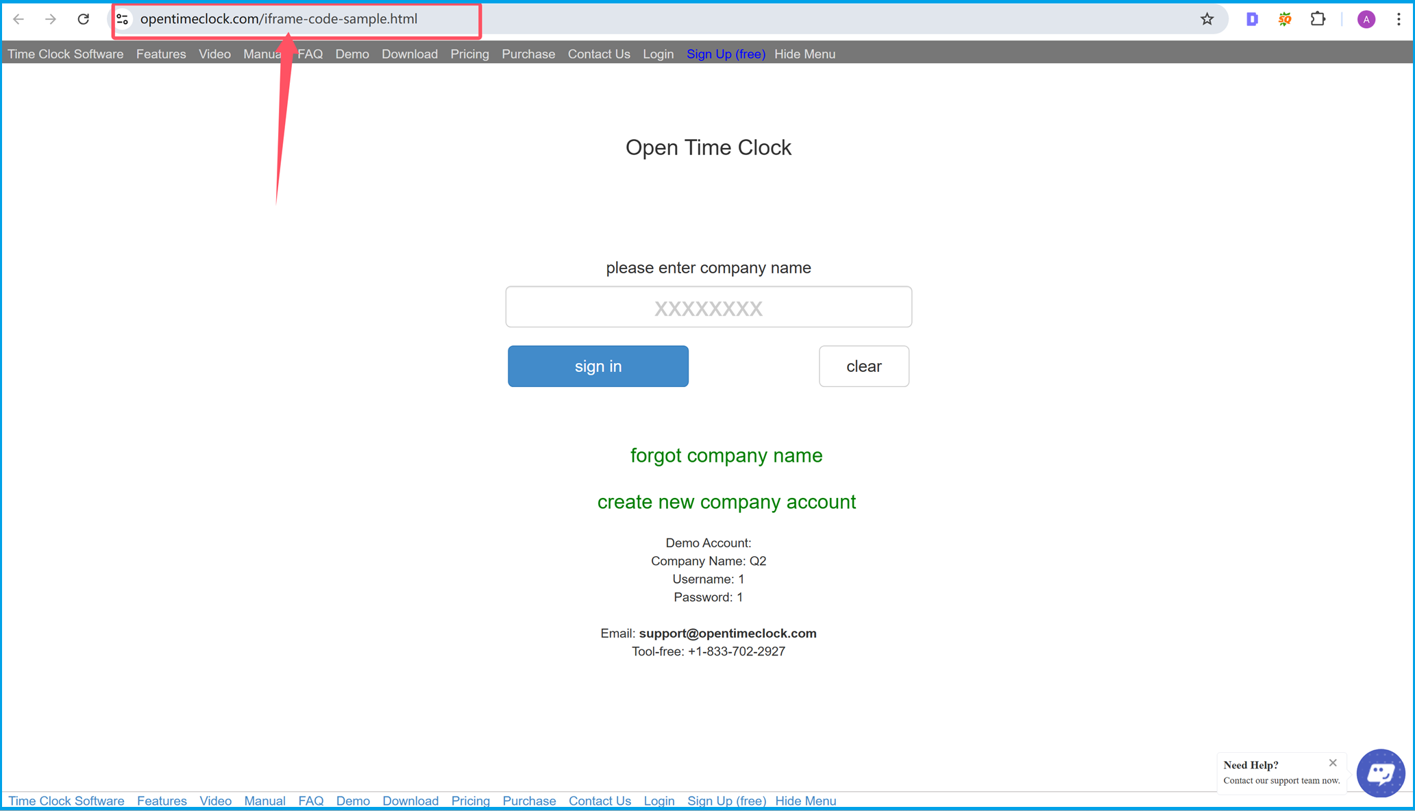 Sample embedded time tracking app interface using iFrame code, showing employee login and time tracking functionality