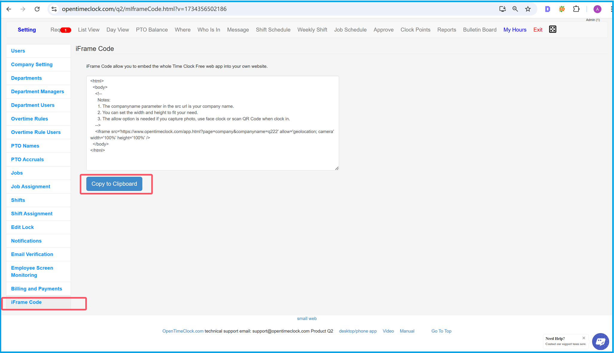 iFrame Code settings page showing the Copy to Clipboard button for embedding the time tracking app into a website