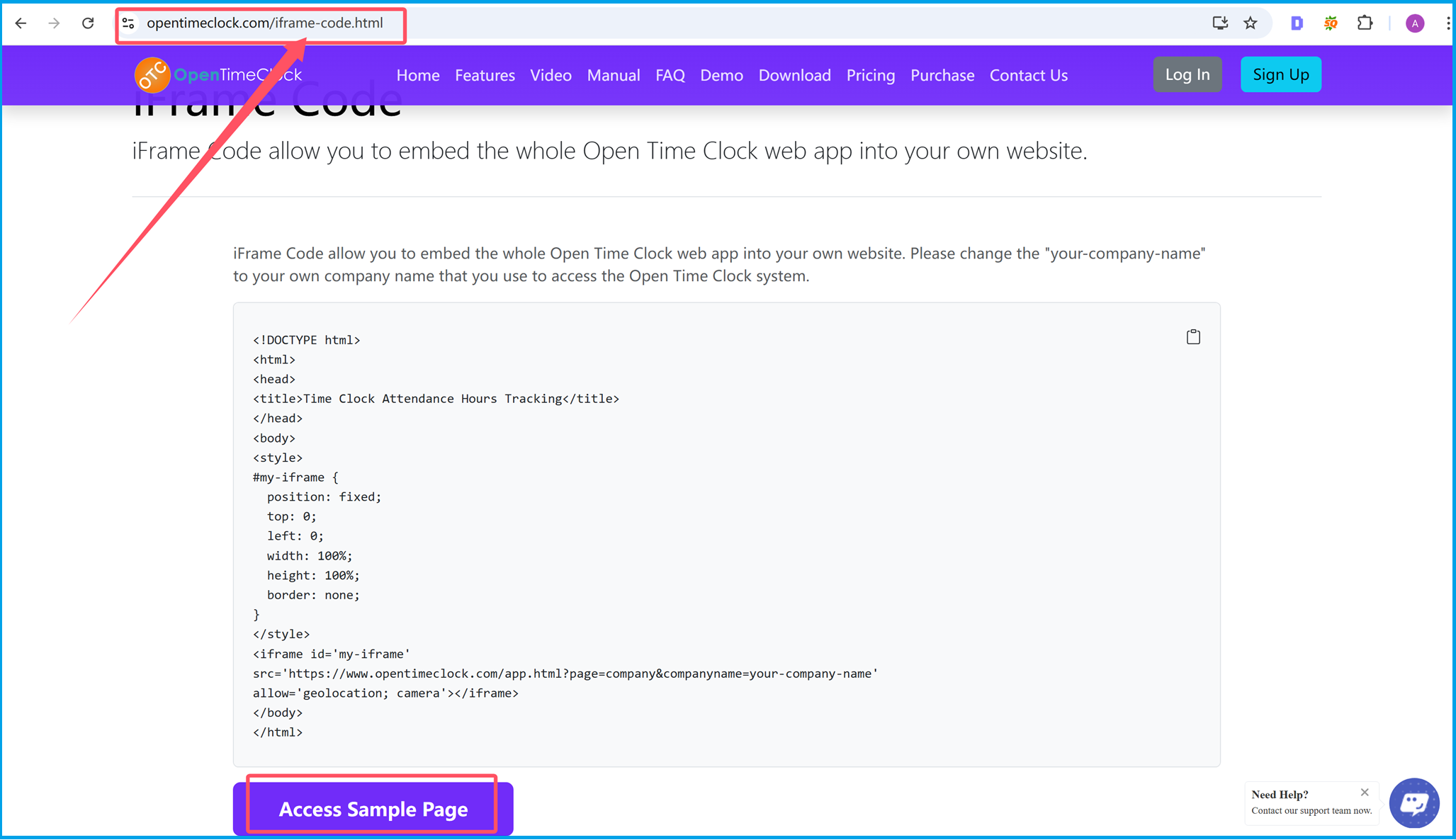 iFrame Code feature page showing instructions to embed the time tracking software into a website