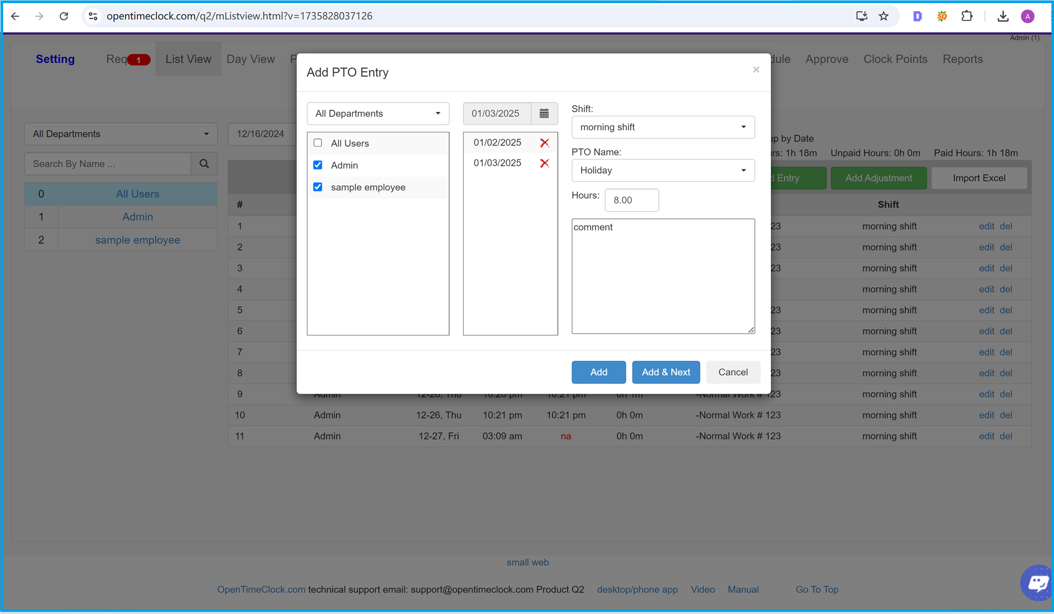 Add absence in list view of time entries in time clock software