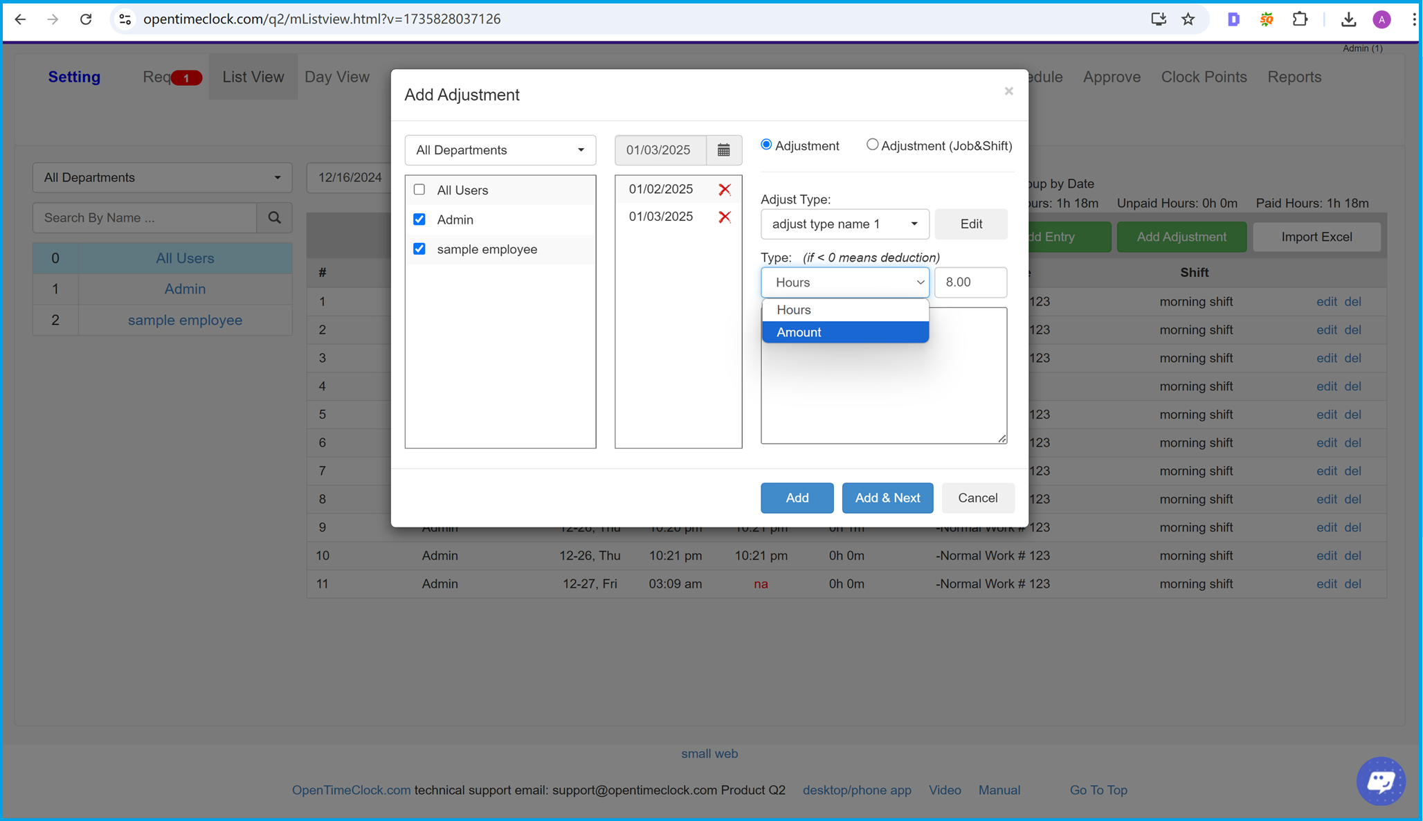 Add different types of adjustment in list view of time entries in time clock software