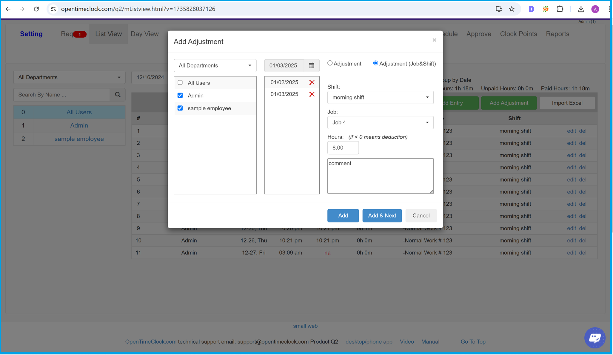 Add job and shift hours adjustment in list view of time entries in time clock software