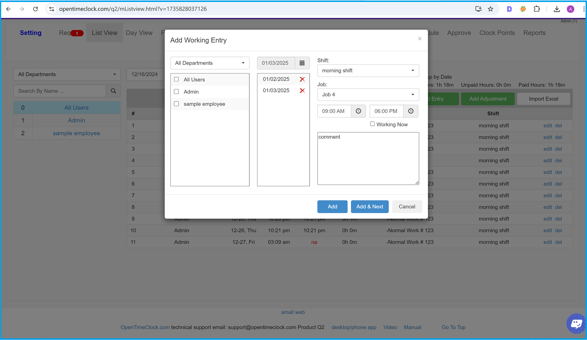 Add working entries in list view of time entries in time clock software