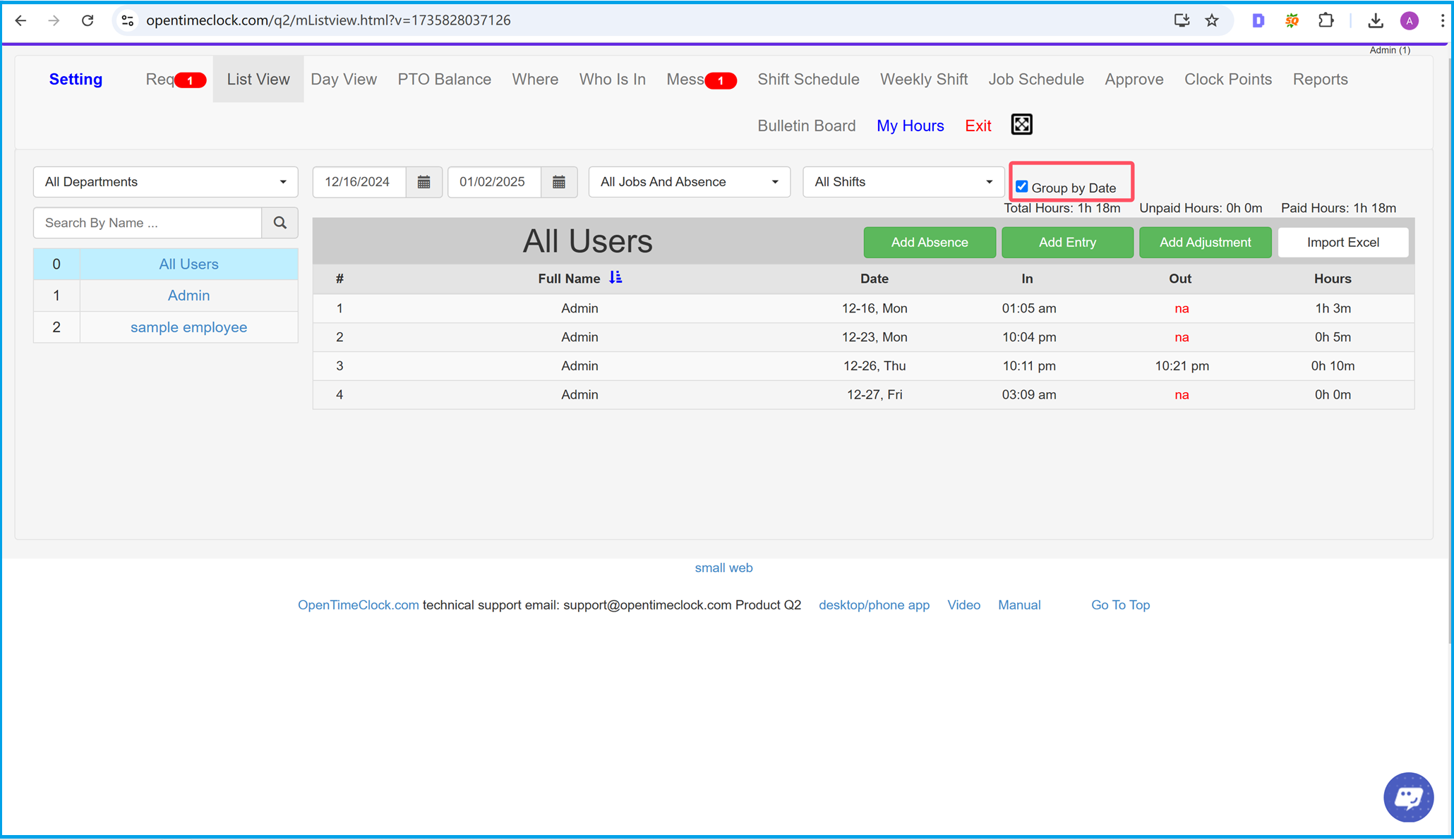 Group by date in list view of time entries in time clock software