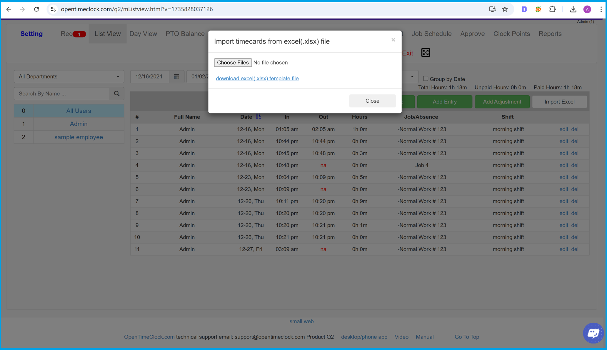 Import time entries from Excel file in list view of time entries in time clock software