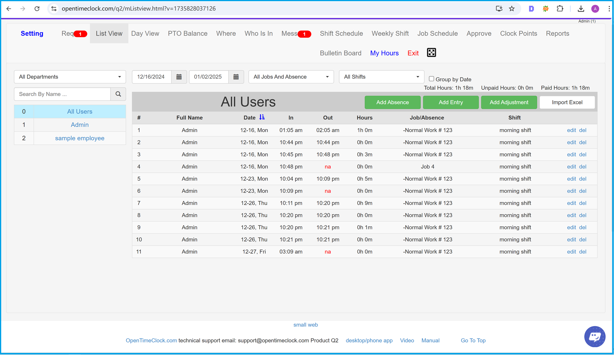 List View of time entries in time clock software