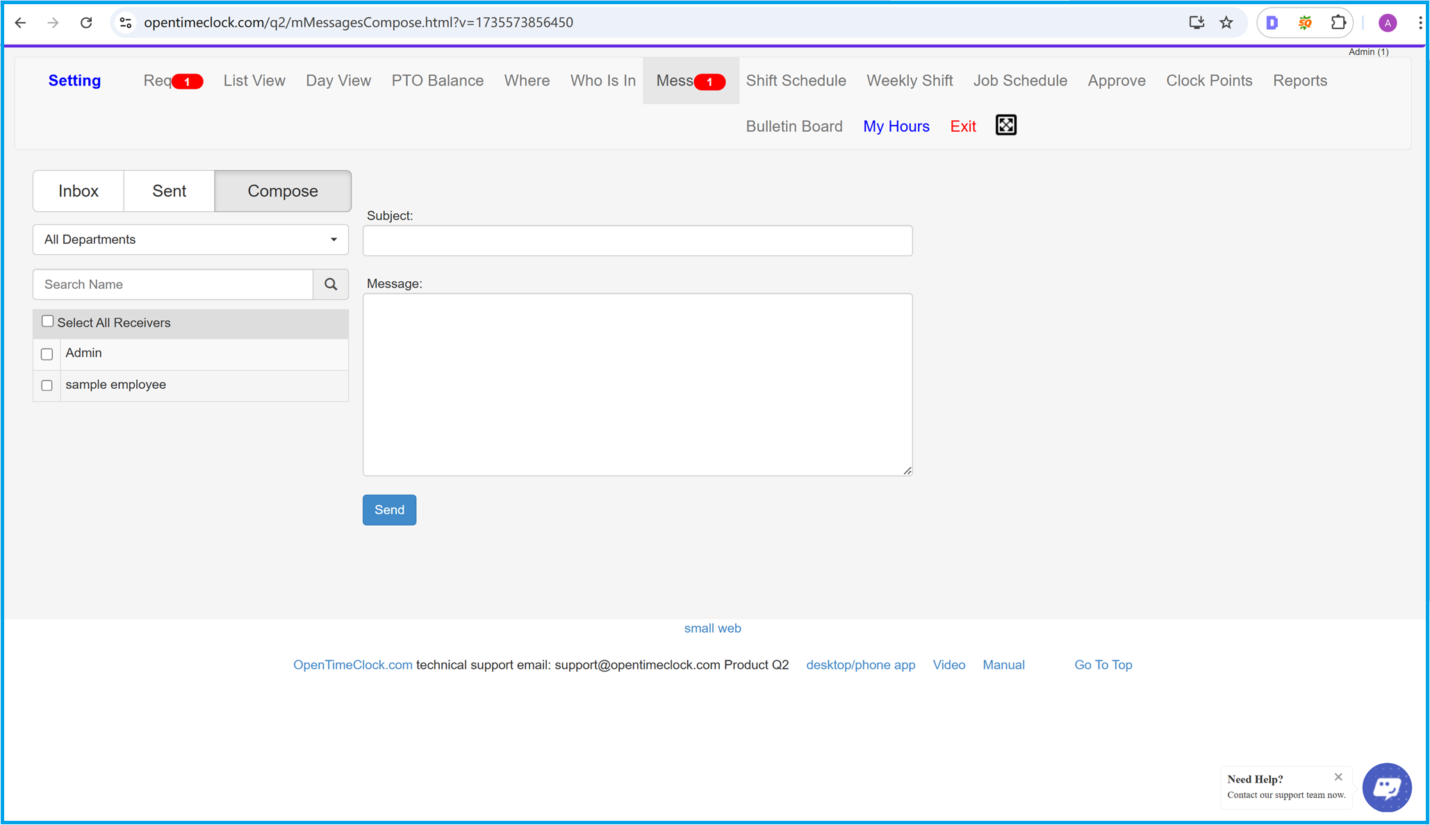 Compose messages in the compose page in time clock software