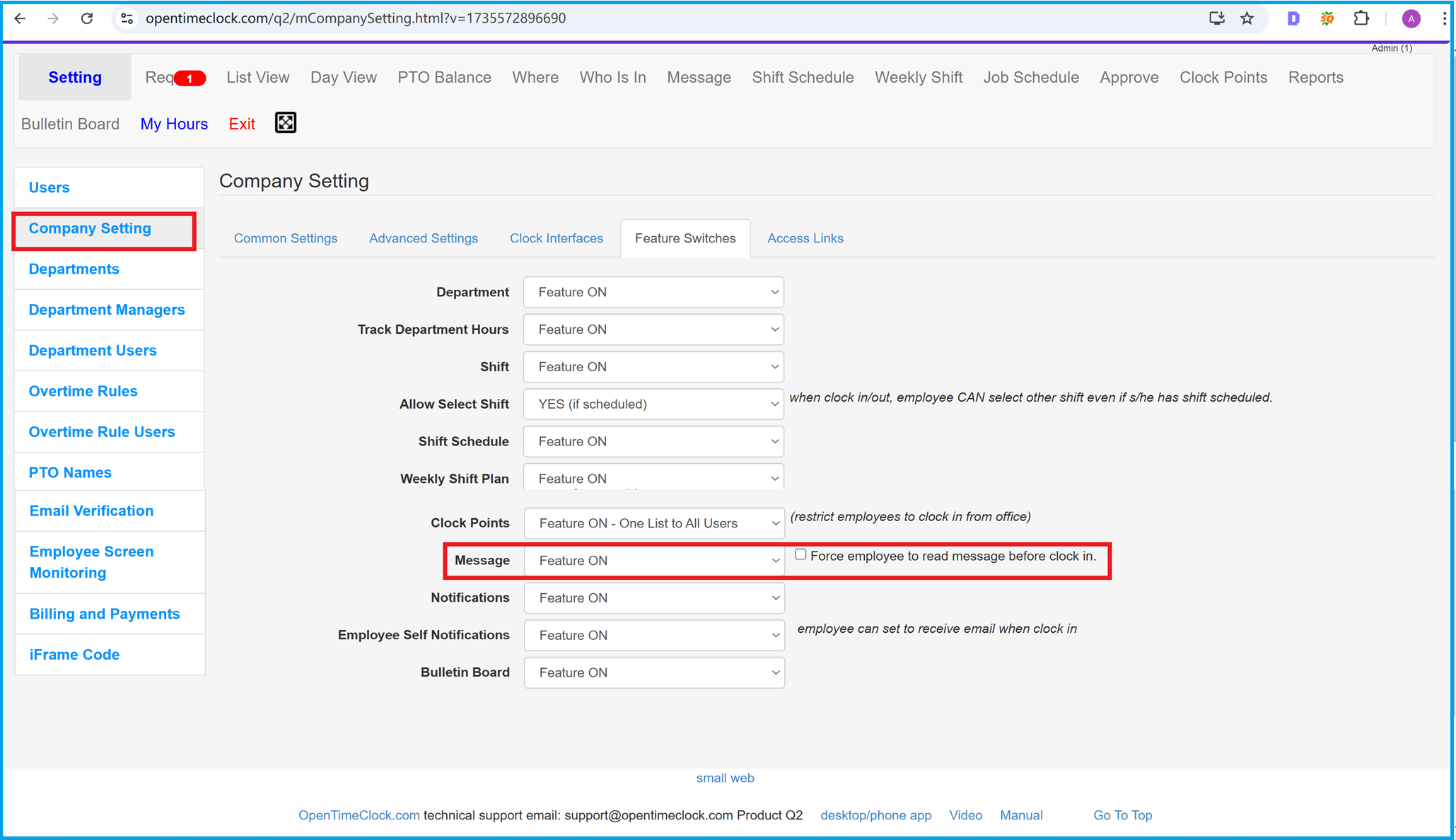 Enable messages feature in time clock software