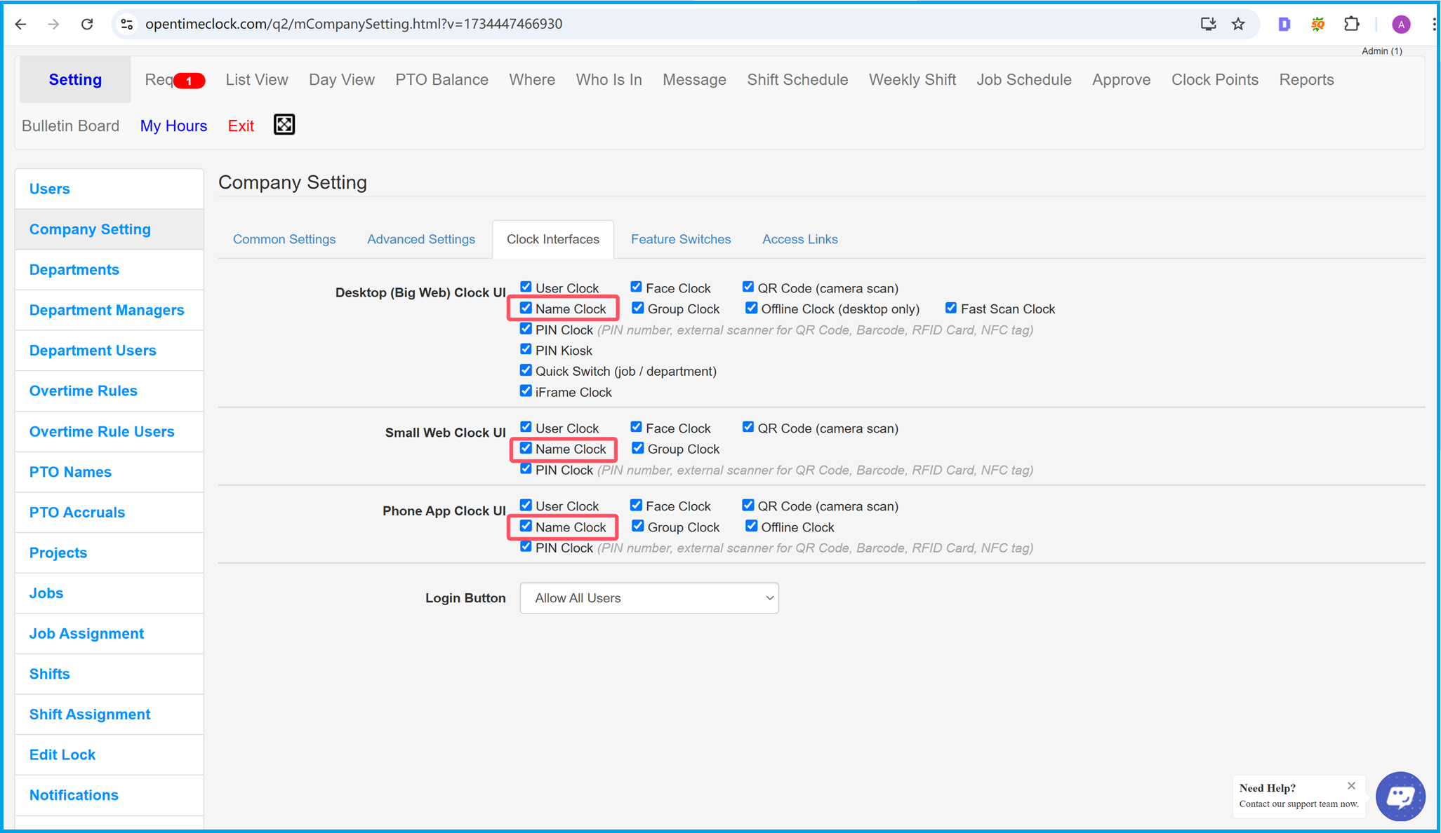 Name Clock feature in company settings for efficient employee time tracking, clock in and out