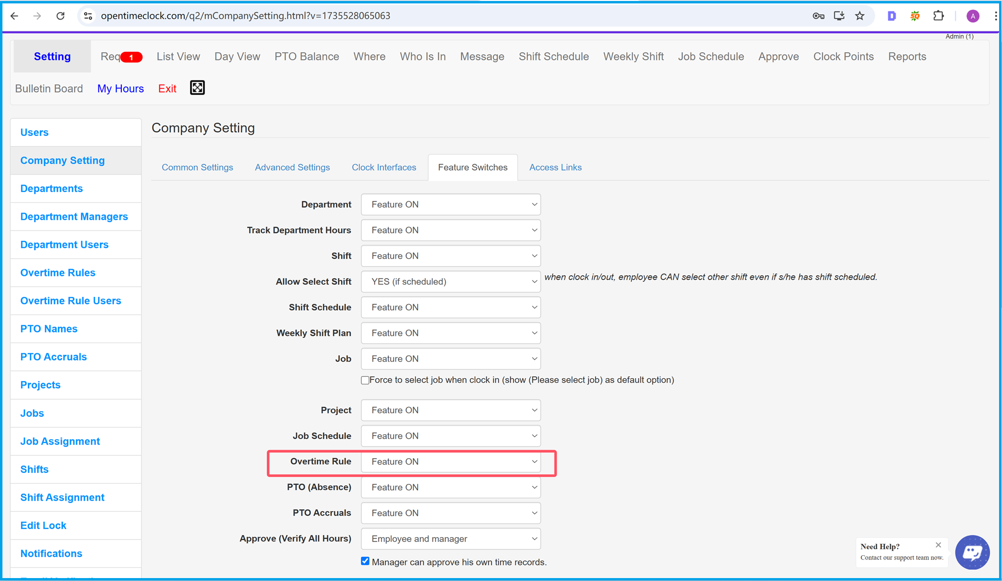 Enable Overtime Management Feature in Time Clock Softare