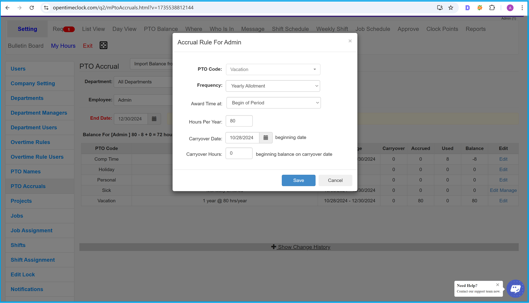 Configure Paid Time Off Accruals Award options in Time Clock Software