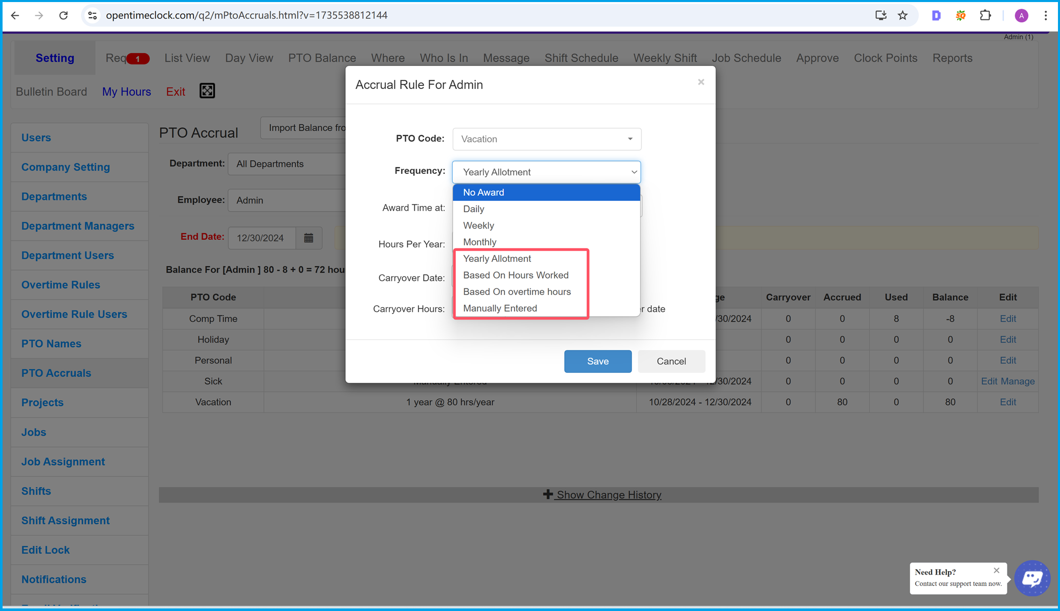 Configure the Frequency Options in Time Clock Software