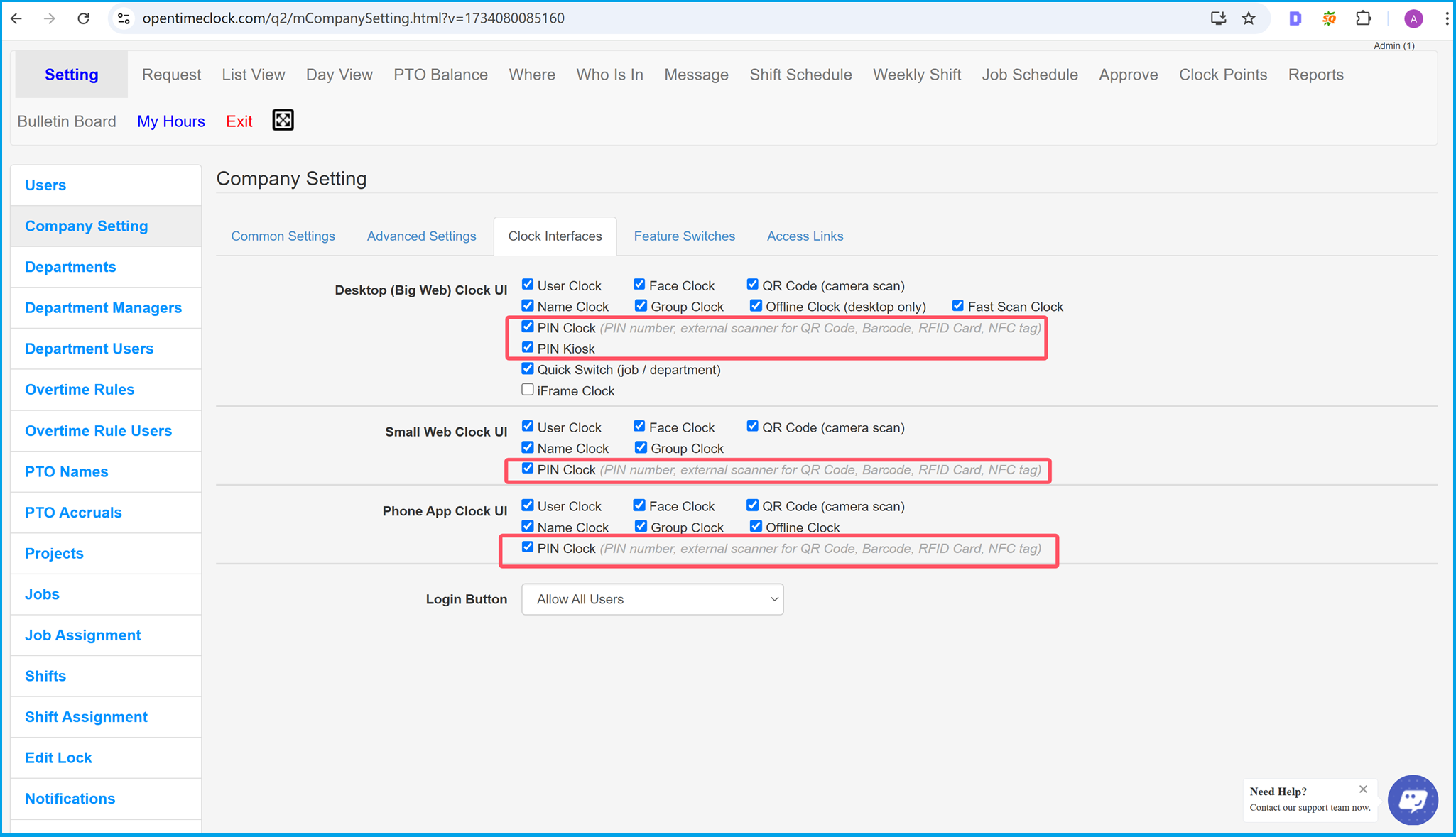 Enable PIN Clock in company settings to let employees clock in and out using PIN, QR Code, Barcode, RFID Card, or NFC Tag in OpenTimeClock