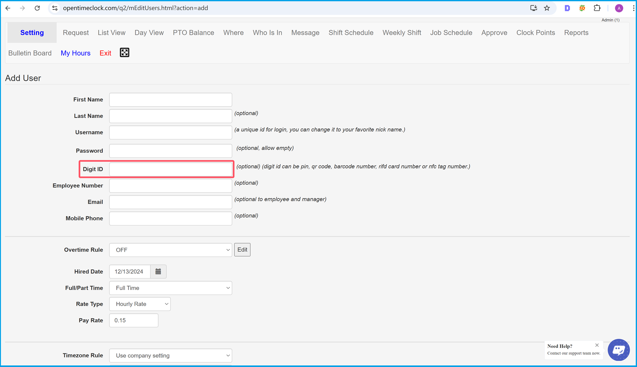 Set Digit ID as a PIN for employee time tracking and attendance management in OpenTimeClock