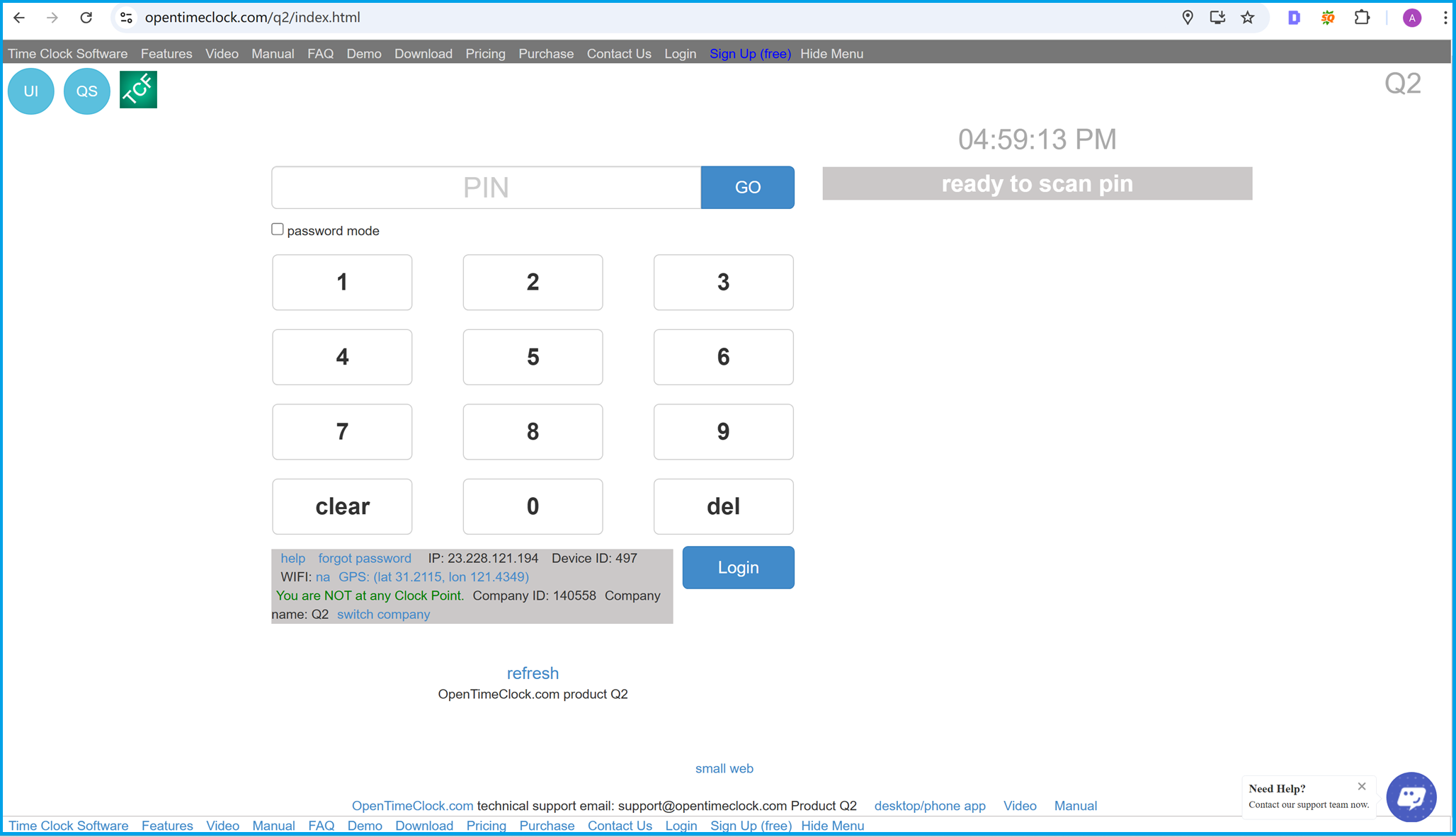 Enter PIN number on the PIN Clock page in the OpenTimeClock web app to clock in and clock out