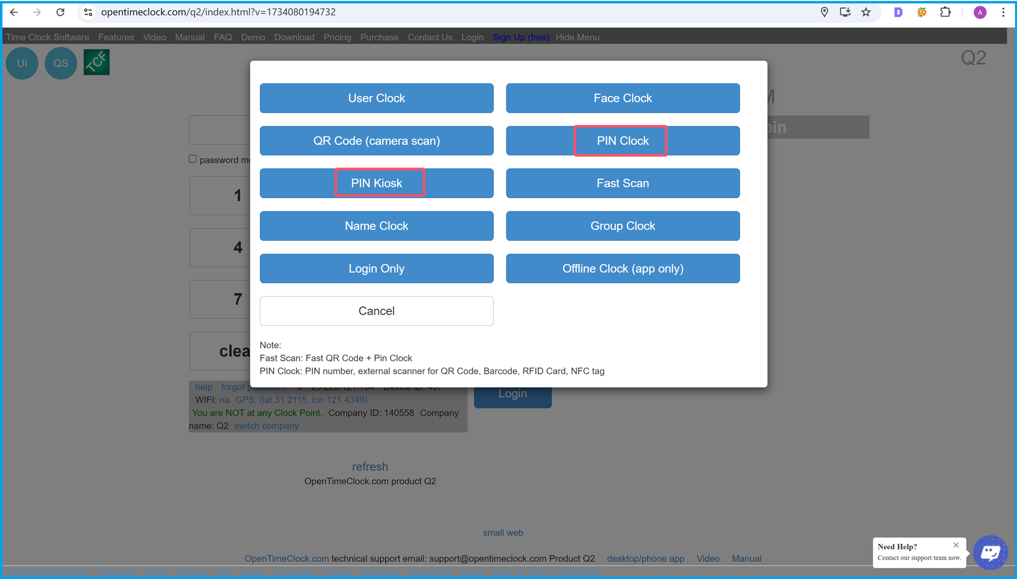 PIN Clock interface in the web app for employee time tracking and attendance on OpenTimeClock