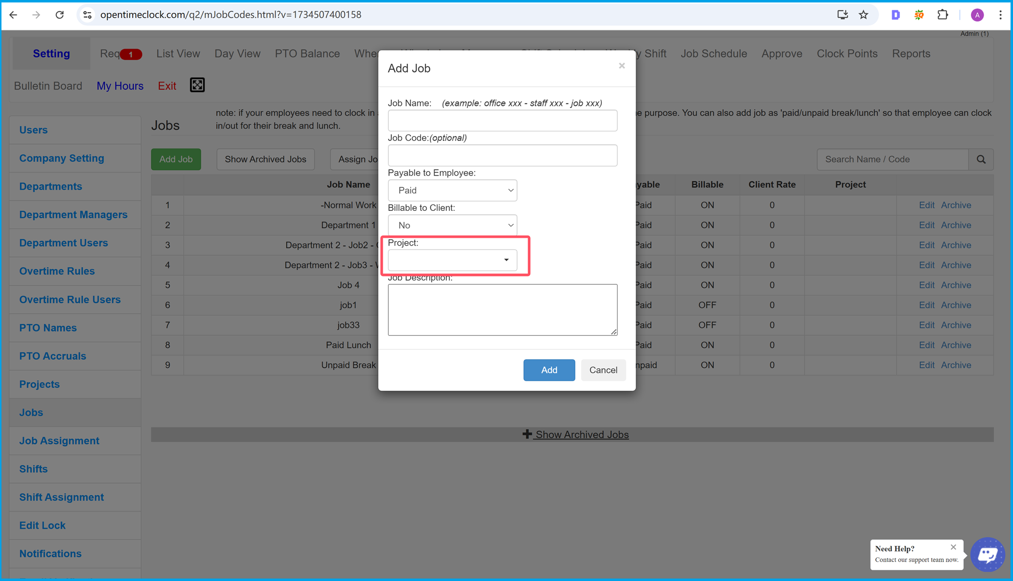 Assign a Job to Project So that Clocking In and Clocking Out for a Job Will Connect to Project