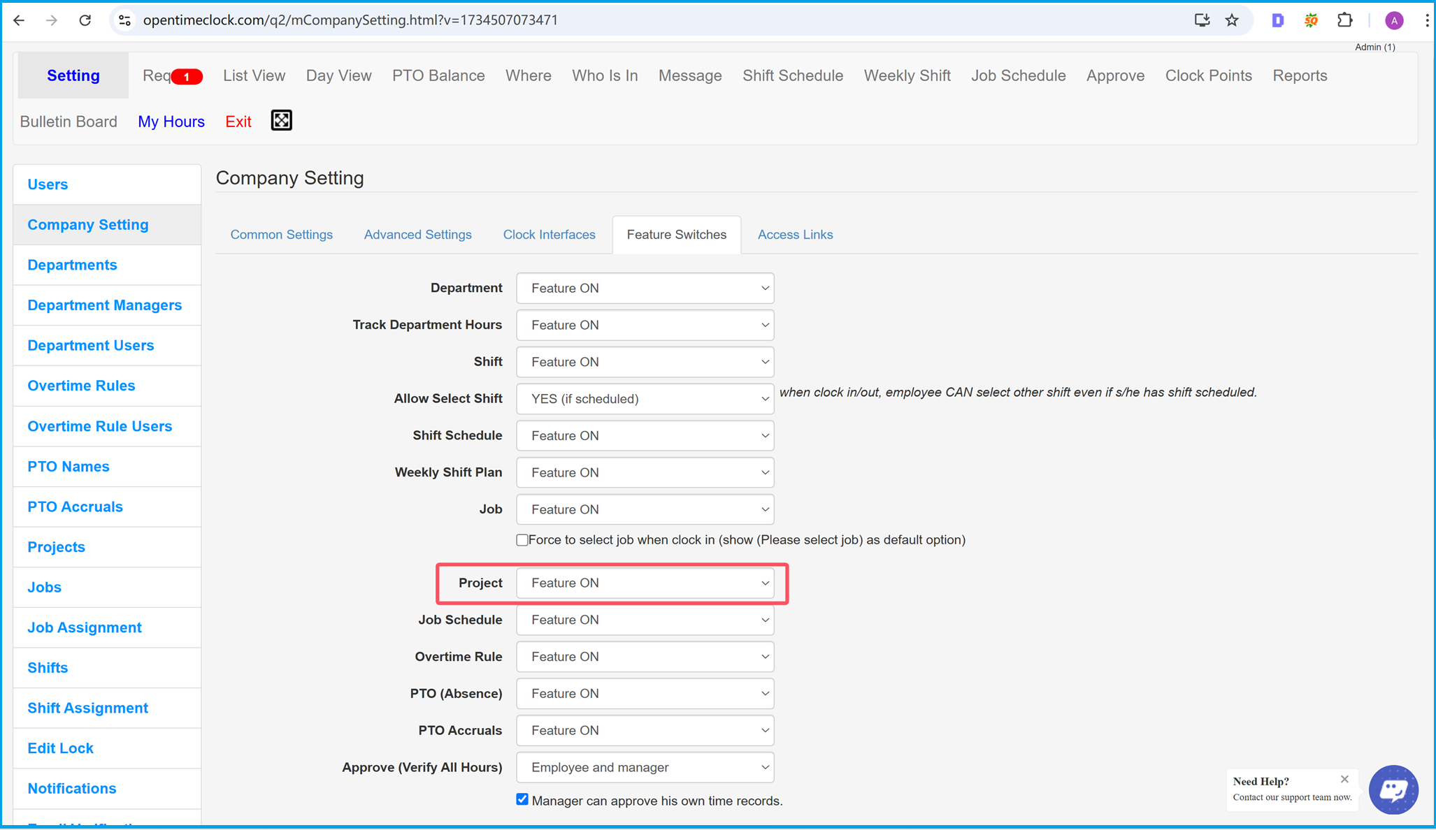 Enable Project Time Tracking in the Company Setting