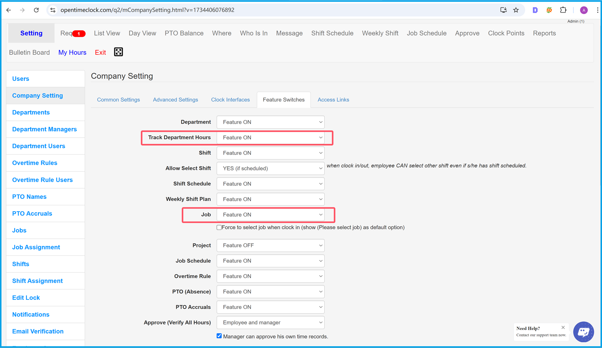 Enable department and job tracking in OpenTimeClock.com, showing configuration options for tracking working hours by job and department.