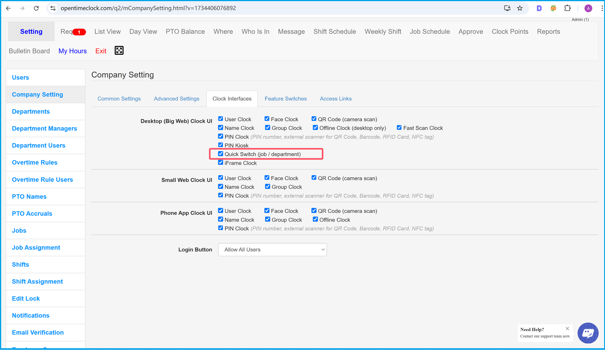 Quick Switch feature setup in OpenTimeClock.com, showing how to enable job and department switching for employees.