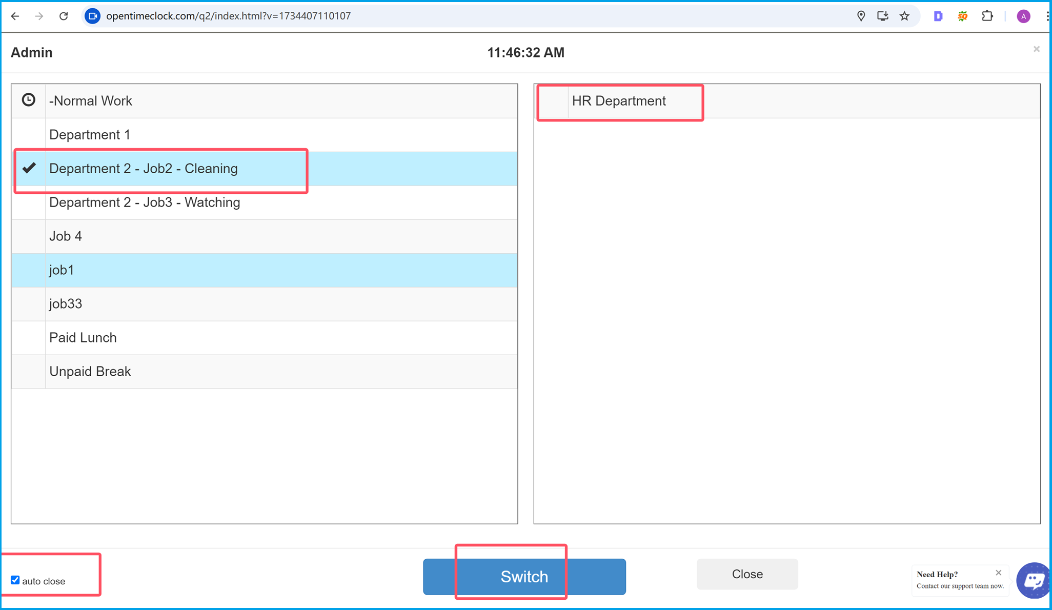 Selecting a job or department in the Quick Switch menu on OpenTimeClock.com, demonstrating how to confirm the switch.