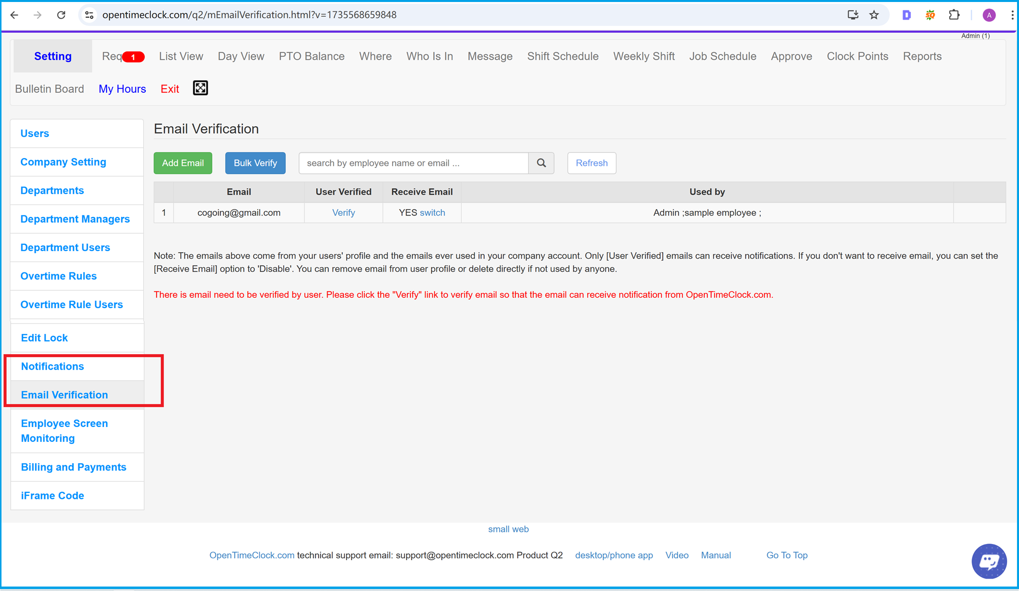 Verify emails that used to receive notifications in Time Clock Software