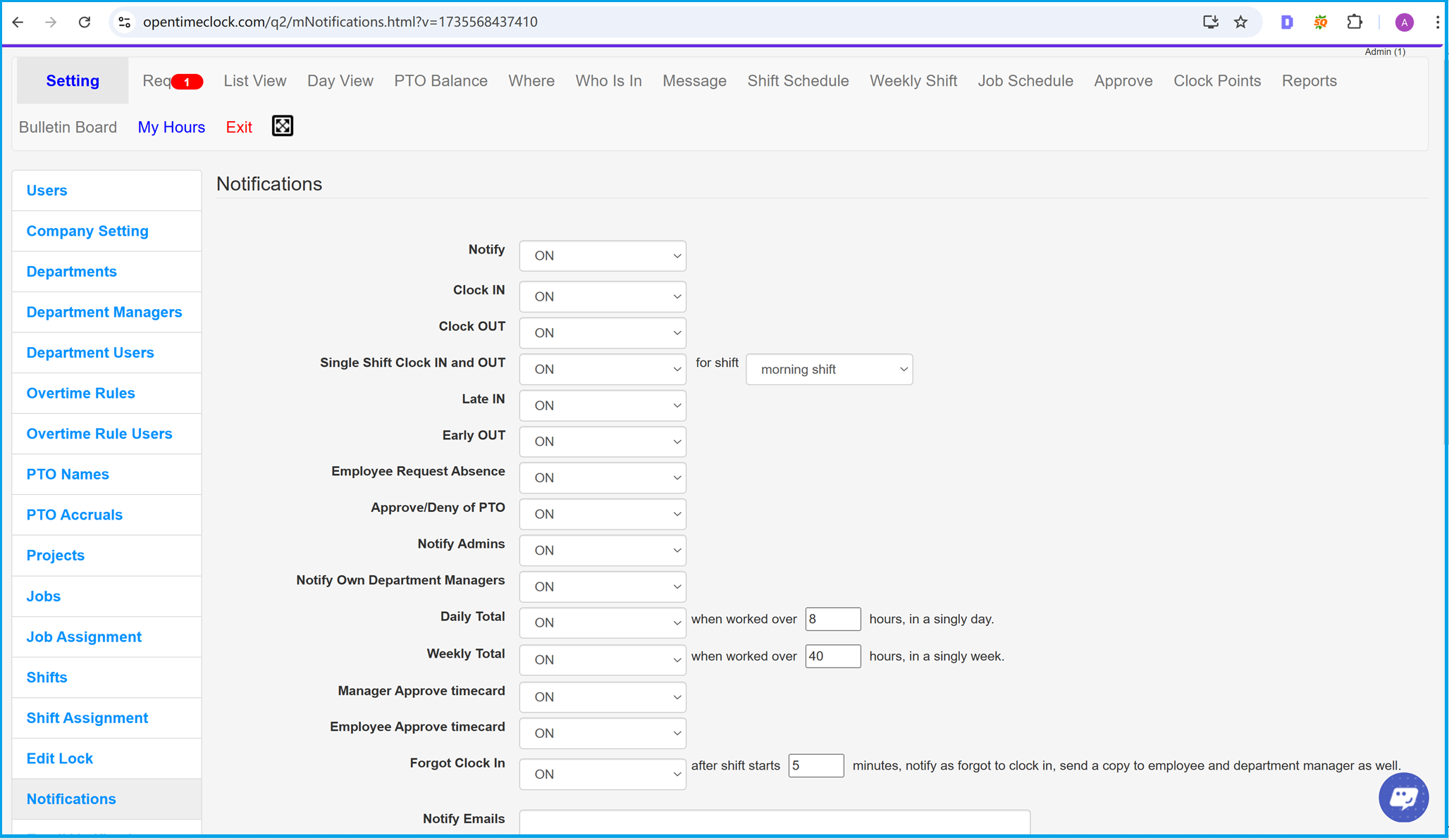 Configure in what conditions to receive notification emails in time clock software