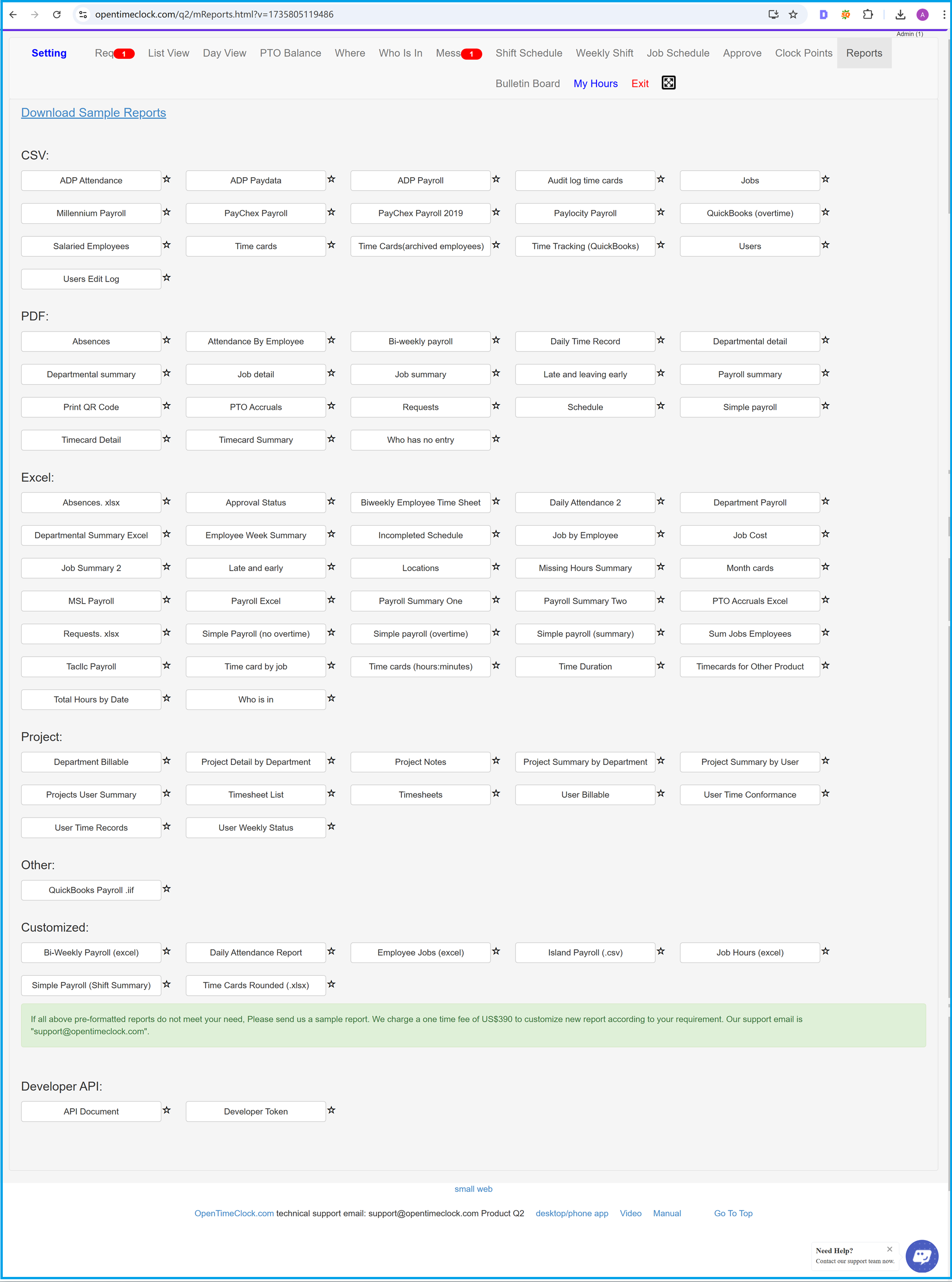 Reports for downloading Excel, PDF and CSV files in time clock softare