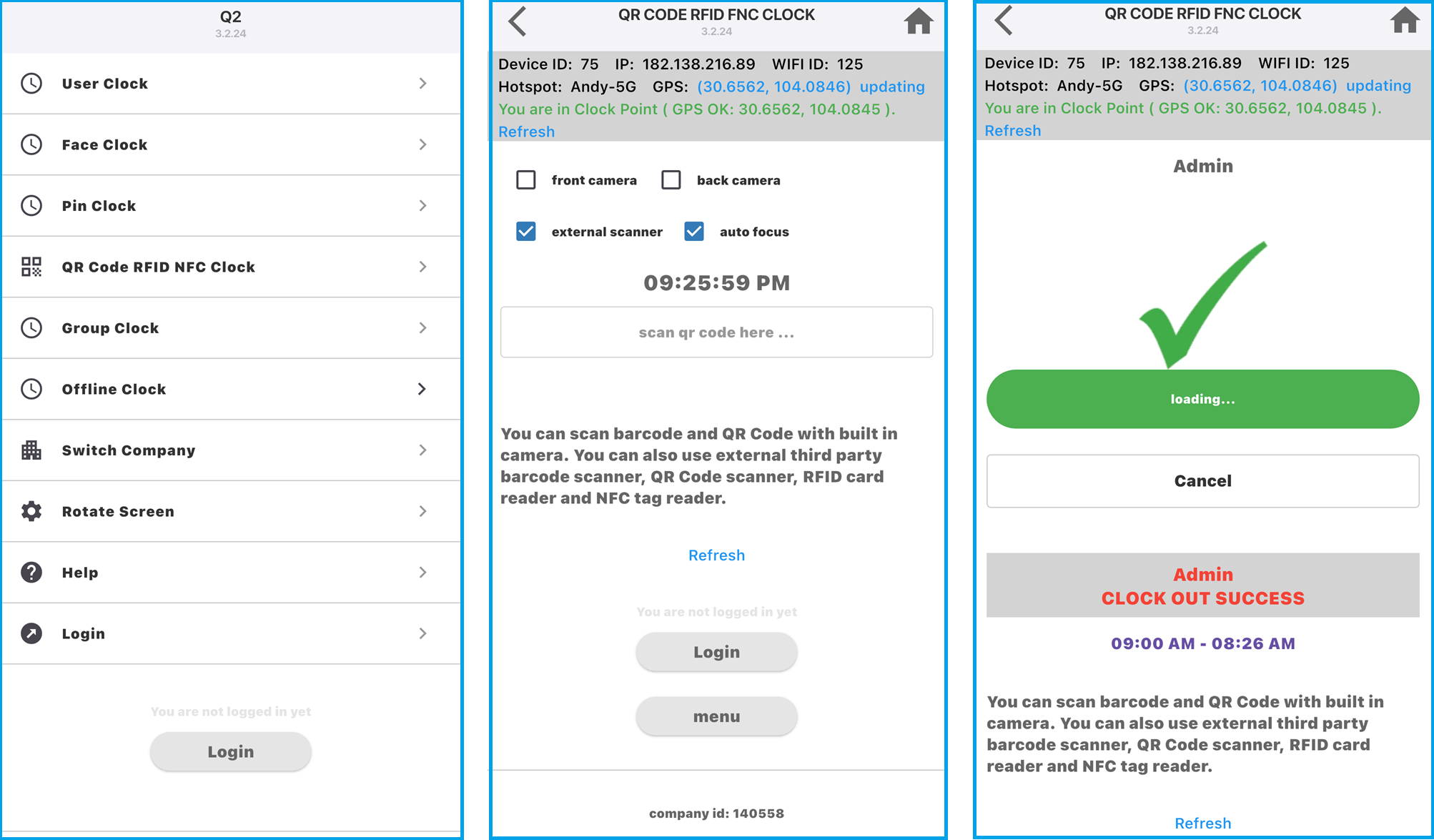 NFC and RFID time clock page in smartphone app for Android and iOS. Easily track employee attendance using RFID, NFC, QR code, and barcode scanning.