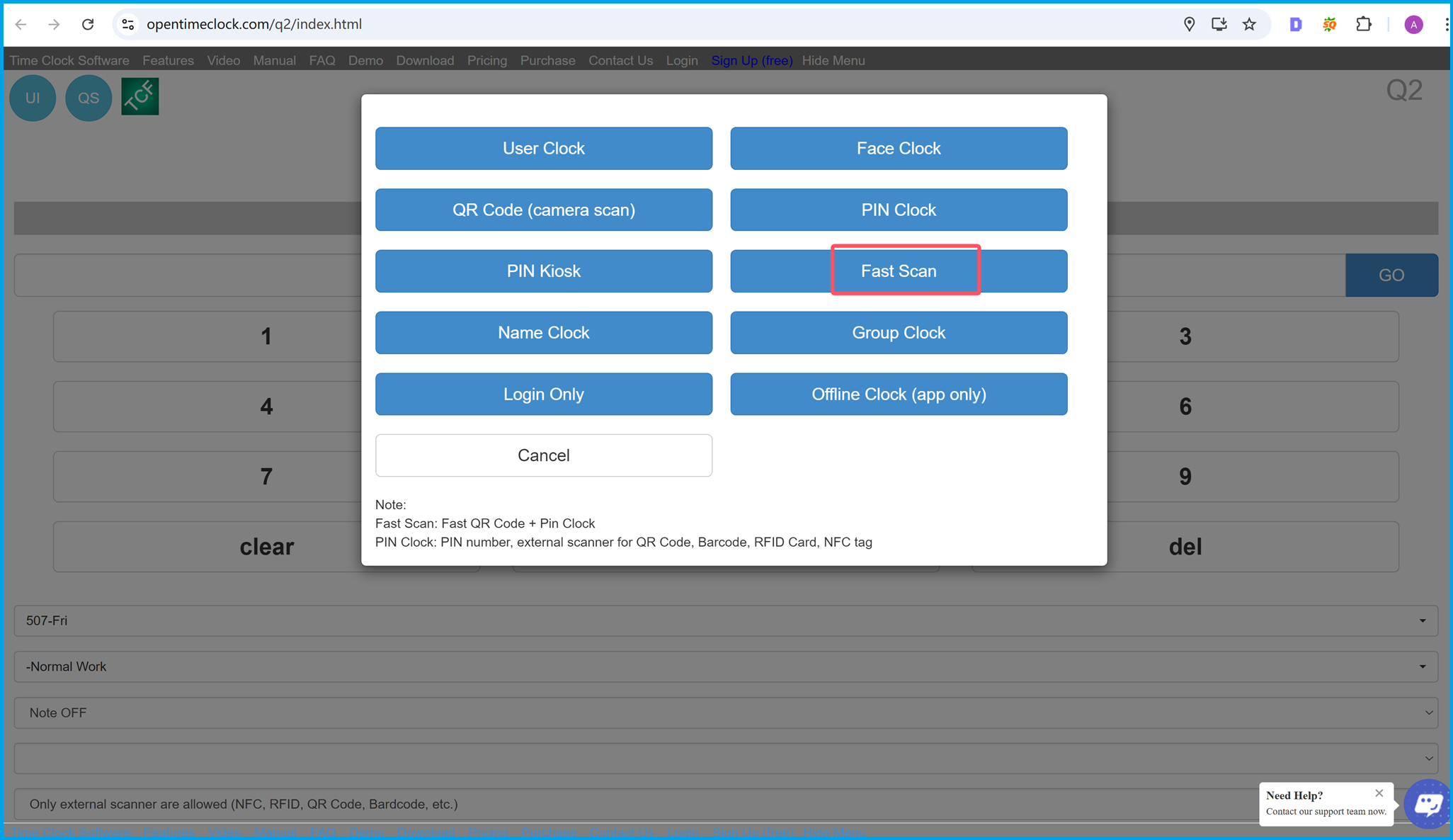 RFID and NFC time clock user interface for employee attendance tracking. Easily manage clock-in and clock-out with RFID, NFC, QR code, or PIN options.