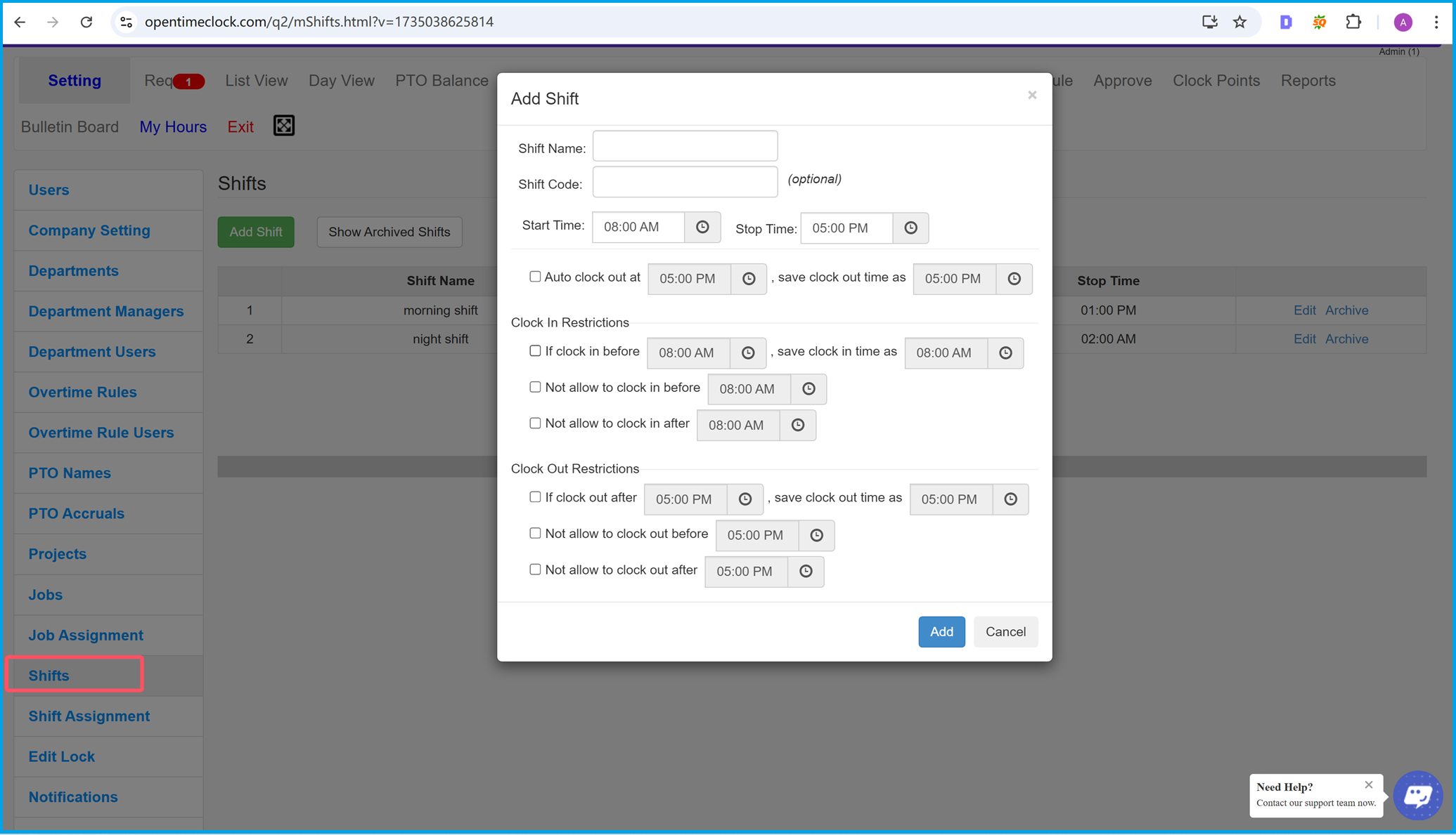 Add Shift with restrictions to clock in and clock out in time tracking software