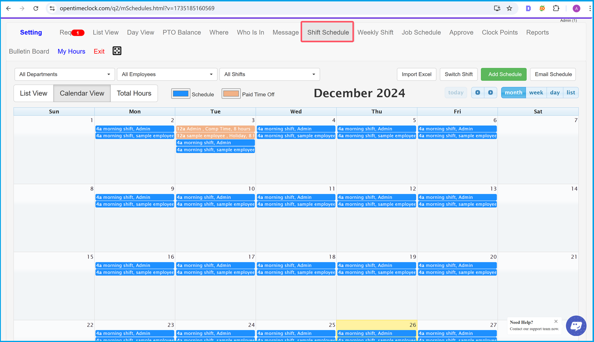 Make shift schedules in the calendar view, import excel for schedules in time tracking software